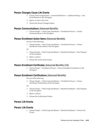 Person Changes Cause Life Events
            1.    Choose Total Compensation -> General Definitions -> Additional Setup -> Life
                  Event Reasons in the Navigator.
            2.    Query or enter a life event.
            3.    Choose the Person Changes button.


Person Communications (Advanced Benefits)
            1.    Choose People -> Total Comp Enrollment -> Enrollment Process -> Person
                  Communications in the Navigator.


Person Enrollment Action Items (Advanced Benefits)
            Do one of the following:
            1.    Choose People -> Total Comp Enrollment -> Enrollment Process -> Person
                  Enrollment Action Items in the Navigator.
            Or:
            1.    Choose People -> Total Comp Enrollment -> Benefits Enrollment -> Flex Program
                  in the Navigator.
            2.    Query a person.
            3.    Choose the Action Items button.


Person Enrollment Certificates (Advanced Benefits) (CA)
            1.    Choose People -> Enrollment Process -> Person Enrollment Certificates in the
                  Navigator.


Person Enrollment Certifications (Advanced Benefits)
            Do one of the following:
            1.    Choose People -> Total Comp Enrollment -> Enrollment Process -> Person
                  Enrollment Certifications in the Navigator.
            Or:
            1.    Choose People -> Total Comp Enrollment -> Benefits Enrollment -> Flex Program
                  in the Navigator.
            2.    Query a person.
            3.    Choose the Certifications button.


Person Life Events

Person Life Events
            1.    Choose People -> Total Comp Enrollment -> Benefits Enrollment -> Person Life
                  Events




                                                             Windows and their Navigation Paths   A-55
 