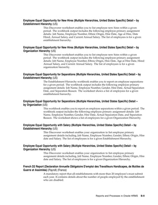 Employee Equal Opportunity for New Hires (Multiple Hierarchies, United States Specific) Detail – by
Establishment Hierarchy (US)
                 This Discoverer worksheet enables you to list employee new hires within a given
                 period. The workbook output includes the following employee primary assignment
                 details: Job Name, Employee Number, Ethnic Origin, Hire Date, Age at Hire, Date
                 Hired, Annual Salary, and Current Annual Salary. The list of employees is for a given
                 establishment hierarchy.

Employee Equal Opportunity for New Hires (Multiple Hierarchies, United States Specific) Detail – by
Organization Hierarchy (US)
                 This Discoverer worksheet enables you to list employee new hires within a given
                 period. The workbook output includes the following employee primary assignment
                 details: Job Name, Employee Number, Ethnic Origin, Hire Date, Age at Hire Date, Hired
                 Annual Salary, and Current Annual Salary. The list of employees is for a given
                 organization hierarchy.

Employee Equal Opportunity for Separations (Multiple Hierarchies, United States Specific) Detail – by
Establishment Hierarchy (US)
                 The Establishment Hierarchy workbook enables you to report on employee separations
                 for a given period. The workbook output includes the following employee primary
                 assignment details: Job Name, Employee Number, Gender, Hire Date, Actual Separation
                 Date, and Separation Reason. The worksheet shows a list of employees for a given
                 establishment hierarchy.

Employee Equal Opportunity for Separations (Multiple Hierarchies, United States Specific) Detail –
by Organization (US)
                 This workbook enables you to report on employee separations within a given period. The
                 workbook output includes the following employee primary assignment details: Job
                 Name, Employee Number, Gender, Hire Date, Actual Separation Date, and Separation
                 Reason. The worksheet shows a list of employees for a given Organization Hierarchy.

Employee Equal Opportunity with Salary (Multiple Hierarchies, United States Specific) Detail – by
Establishment Hierarchy (US)
                 This Discoverer worksheet enables your organization to list employee primary
                 assignment details including, Job Name, Employee Number, Gender, Ethnic Origin, Hire
                 date and Salary. The list of employees is for a given Establishment Hierarchy.

Employee Equal Opportunity with Salary (Multiple Hierarchies, United States Specific) Detail – by
Organization Hierarchy (US)
                 This Discoverer worksheet enables your organization to list employee primary
                 assignment details including, Job Name, Employee Number, Gender, Ethnic Origin, Hire
                 date and Salary. The list of employees is for a given Organization Hierarchy.

French D2 Report (Declaration Annuelle Obligatoire D’emploi des Travailleurs Handicapes, de Mutiles de
Guerre et Assimiles) (Payroll) (France)
                 A mandatory report that all establishments with more than 20 employee’s must submit
                 each year. It contains details about the number of people employed by the establishment
                 who are disabled.




                                                              Reports and Processes in Oracle HRMS      B-9
 