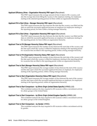 Applicant Efficiency (Hires – Organization Hierarchy) PMV report (iRecruitment)
                 This PMV report measures the average amount of time it takes to fill a vacancy, and
                 also the average time from filling the vacancy to the employee starting, for employees
                 starting in the selected reporting period, for hires within an organization hierarchy.

Applicant Fill to Start (Hires – Manager Hierarchy) PMV report (iRecruitment)
                 This PMV report measures the days between the date that the vacancy was filled and the
                 date on which the successful applicant becomes an employee for employees starting in
                 the reporting period, for hires within a hiring manager hierarchy.

Applicant Fill to Start (Hires – Organization Hierarchy) PMV report (iRecruitment)
                 This PMV report measures the days between the date that the vacancy was filled and the
                 date on which the successful applicant becomes an employee for employees starting in
                 the reporting period, for hires within an organization hierarchy.

Applicant Time to Fill (Manager Hierarchy) Status PMV report (iRecruitment)
                 This PMV report measures the number of days between the start date of the vacancy and
                 the date upon which the vacancy is filled for employees starting in the reporting period
                 for vacancies that are filled in the reporting period, within a hiring manager hierarchy.

Applicant Time to Fill (Organization Hierarchy) Status PMV report (iRecruitment)
                 This PMV report measures the number of days between the start date of the vacancy and
                 the date upon which the vacancy is filled for employees starting in the reporting period
                 for vacancies that are filled in the reporting period, within an organization hierarchy.

Applicant Time to Start (Manager Hierarchy) Status PMV report (iRecruitment)
                 This PMV report measures the average number of days between the start of the vacancy
                 and the date upon which the successful applicant becomes an employee, for employees
                 starting in the reporting period, within a hiring manager hierarchy.

Applicant Time to Start (Organization Hierarchy) Status PMV report (iRecruitment)
                 This PMV report measures the average number of days between the start of the vacancy
                 and the date upon which the successful applicant becomes an employee, for employees
                 starting in the reporting period, within an organization hierarchy.

Applicant Time to Start Comparison – by Ethnic Origin (United States Specific) (HRMSi) (US)
                 This worksheet analyses the days required to fill vacancies within a recruitment activity
                 for ethnic groups in the United States.

Applicant Time to Start Comparison – by Ethnic Origin (United Kingdom Specific) (HRMSi) (UK)
                 This worksheet analyses the days required to fill vacancies within a recruitment activity
                 for ethnic groups in the United Kingdom.

Applicant Time to Start Comparison – by Gender (HRMSi)
                 This worksheet analyses the days required to fill vacancies within a recruitment activity
                 by gender.




B-12   Oracle HRMS Payroll Processing Management Guide
 
