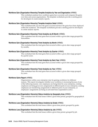 Workforce Gain (Organization Hierarchy) Template Analytics by Year and Organization (HRMSi)
                 This worksheet analyses how workforce gains have occurred, and compares the gains
                 over time and across organizations. The template worksheets provide a starting point
                 for developers to create analytic reports.

Workforce Gain (Organization Hierarchy) Template Analytics Detail (HRMSi)
                 This worksheet tells you how the gains occurred and how the gains have been deployed
                 within the workforce. The template worksheets provide a starting point for developers
                 to create analytic reports.

Workforce Gain (Organization Hierarchy) Trend Analytics by Bi Month (HRMSi)
                 This worksheet lists the total gains that occurred within a given date range grouped by
                 bimonthlies.

Workforce Gain (Organization Hierarchy) Trend Analytics by Month (HRMSi)
                 This worksheet lists the total gains that occurred within a given date range grouped
                 by months.

Workforce Gain (Organization Hierarchy) Trend Analytics by Quarter (HRMSi)
                 This worksheet lists the total gains that occurred within a given date range grouped
                 by quarter years.

Workforce Gain (Organization Hierarchy) Trend Analytics by Semi Year (HRMSi)
                 This worksheet lists the total gains that occurred within a given date range grouped by
                 semi-years.

Workforce Gain (Organization Hierarchy) Trend Analytics by Year (HRMSi)
                 This worksheet lists the total gains that occurred within a given date range grouped
                 by years.

Workforce Gains Report (HRMSi)
                 Organizations within your enterprise may be gaining workforce for different
                 reasons. This report investigates whether your workforce is increasing because of any
                 of the following reasons: new employees are being hired by your enterprise, existing
                 employees are being given new assignments in different parts of your enterprise, existing
                 employees are transferring assignments to different parts of your enterprise, or
                 employees’ assignments are being re-activated from suspended to active.

Workforce Loss (Organization Hierarchy) Status Analytics by Geography Area (HRMSi)
                 This worksheet lists the total losses within a given time period, grouped by geographical
                 area.

Workforce Loss (Organization Hierarchy) Status Analytics by Grade (HRMSi)
                 This worksheet lists the total losses within a given time period, grouped by grade.

Workforce Loss (Organization Hierarchy) Status Analytics by Job (HRMSi)
                 This worksheet lists the total losses within a given time period, grouped by job.




B-36   Oracle HRMS Payroll Processing Management Guide
 