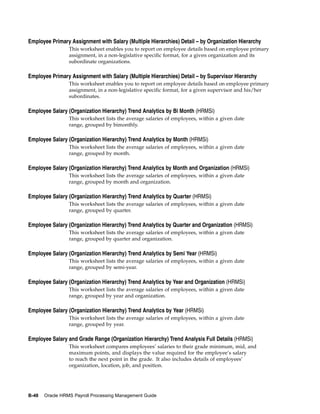 Employee Primary Assignment with Salary (Multiple Hierarchies) Detail – by Organization Hierarchy
                 This worksheet enables you to report on employee details based on employee primary
                 assignment, in a non-legislative specific format, for a given organization and its
                 subordinate organizations.

Employee Primary Assignment with Salary (Multiple Hierarchies) Detail – by Supervisor Hierarchy
                 This worksheet enables you to report on employee details based on employee primary
                 assignment, in a non-legislative specific format, for a given supervisor and his/her
                 subordinates.

Employee Salary (Organization Hierarchy) Trend Analytics by Bi Month (HRMSi)
                 This worksheet lists the average salaries of employees, within a given date
                 range, grouped by bimonthly.

Employee Salary (Organization Hierarchy) Trend Analytics by Month (HRMSi)
                 This worksheet lists the average salaries of employees, within a given date
                 range, grouped by month.

Employee Salary (Organization Hierarchy) Trend Analytics by Month and Organization (HRMSi)
                 This worksheet lists the average salaries of employees, within a given date
                 range, grouped by month and organization.

Employee Salary (Organization Hierarchy) Trend Analytics by Quarter (HRMSi)
                 This worksheet lists the average salaries of employees, within a given date
                 range, grouped by quarter.

Employee Salary (Organization Hierarchy) Trend Analytics by Quarter and Organization (HRMSi)
                 This worksheet lists the average salaries of employees, within a given date
                 range, grouped by quarter and organization.

Employee Salary (Organization Hierarchy) Trend Analytics by Semi Year (HRMSi)
                 This worksheet lists the average salaries of employees, within a given date
                 range, grouped by semi-year.

Employee Salary (Organization Hierarchy) Trend Analytics by Year and Organization (HRMSi)
                 This worksheet lists the average salaries of employees, within a given date
                 range, grouped by year and organization.

Employee Salary (Organization Hierarchy) Trend Analytics by Year (HRMSi)
                 This worksheet lists the average salaries of employees, within a given date
                 range, grouped by year.

Employee Salary and Grade Range (Organization Hierarchy) Trend Analysis Full Details (HRMSi)
                 This worksheet compares employees’ salaries to their grade minimum, mid, and
                 maximum points, and displays the value required for the employee’s salary
                 to reach the next point in the grade. It also includes details of employees’
                 organization, location, job, and position.




B-48   Oracle HRMS Payroll Processing Management Guide
 