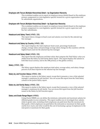 Employee with Tenure (Multiple Hierarchies) Detail – by Organization Hierarchy
                 This worksheet enables you to report on employee tenure details (based on the employee
                 primary assignment in a non-legislative specific format) for a given organization and
                 its subordinate organizations.

Employee with Tenure (Multiple Hierarchies) Detail – by Supervisor Hierarchy
                 This worksheet enables you to report on employee tenure details (based on the employee
                 primary assignment in a non-legislative specific format) for a given supervisor and
                 his/her subordinates.

Headcount and Salary Trend (HRMSi, DBI)
                 This report shows changes in head count and salaries over time for the selected top
                 line manager.

Headcount and Salary by Country (HRMSi, DBI)
                 This report displays the total employee head count, percentage headcount
                 change, average salary and percentage average salary change for the countries with the
                 highest head count for the selected top line manager.

Headcount and Salary Detail (HRMSi, DBI)
                 This report lists the employees and their salary that comprise the Total Salary value you
                 drilled from the Salary by Job Family Status report. This report displays the salaries in
                 both their local currency and in the DBI primary or the global currency.

Salary (HRMSi, DBI)
                 The Salary report displays the employee total salary, average salary, and salary change
                 percent of all direct reports for the selected top line manager.

Salary by Job Function Status (HRMSi, DBI)
                 This report is similar to the Salary report, except that it presents a view of the selected
                 manager’s employees by job function. You can access this report from the Total Salary
                 column in the parent Salary report.

Salary by Job Family Status (HRMSi, DBI)
                 This report is similar to the Salary report, except that it presents a view of the selected
                 manager’s employees by job family. You can access this report from the Job Function
                 names in the Salary by Job Function report.

Salary and Grade Range Report (HRMSi)
                 Using Oracle HRMS you can define the minimum, mid points and maximum salaries for
                 different grades in your enterprise. This report enables you to investigate how salaries
                 relate to grade rates, including which employees are paid more than the maximum for
                 their grade, which employees are paid below the mid point or maximum for their grade
                 and by how much, and what would be the cost of increasing a group of employees to the
                 mid point or maximum for their grade.




B-52   Oracle HRMS Payroll Processing Management Guide
 