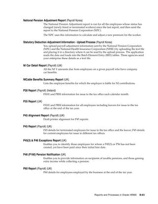 National Pension Adjustment Report (Payroll Korea)
                  The National Pension Adjustment report is run for all the employees whose status has
                  changed (newly hired or terminated workers) since the last report, and then send the
                  report to the National Pension Corporation (NPC).
                  The NPC uses this information to calculate and adjust a new premium for the worker.

Statutory Deduction Adjustment Information - Upload Process (Payroll Korea)
                  You upload payroll adjustment information sent by the National Pension Corporation
                  (NPC) and the National Health Insurance Corporation (NHIC) by uploading the text file
                  and placing it in a directory where it can be read by the upload process. The application
                  reads the data and loads into the Batch Element Entry (BEE) tables. These agencies send
                  your enterprise these details as a text file.

NI Car Detail Report (Payroll) (UK)
                  All the NI Y amounts due from employees on a given payroll who have company
                  car benefits.

NICable Benefits Summary Report (UK)
                  Lists the employee benefits for which the employer is liable for NI contributions.

P30 Report (Payroll) (Ireland)
                  PAYE and PRSI information for issue to the tax office each calendar month.

P35 Report (UK)
                  PAYE and PRSI information for all employees including leavers for issue to the tax
                  office at the end of the tax year.

P45 Alignment Report (Payroll) (UK)
                  Draft printer alignment for P45 reports.

P45 Report (Payroll) (UK)
                  P45 details for terminated employees for issue to the tax office and the leaver; P45 details
                  for current employees for issue to different tax offices.

P45(3) & P46 Exceptions Report (UK)
                  Enables you to identify those employees for whom a P45(3) or P56 has not been
                  created, yet have been paid since their initial hire date.

P46 (P160) Pension Notification (UK)
                  Enables you to provide information on recipients of taxable pensions, and those gaining
                  extra income while collecting a pension.

P60 Report (Payroll) (UK)
                  P60 details for employees employed by the business at the end of the tax year.




                                                                Reports and Processes in Oracle HRMS     B-63
 