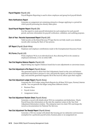 Payroll Register (Payroll) (US)
                  Payroll Register Reporting is used to show employee and group level payroll details

Retro Notifications Report
                  Generates an assignment set containing retroactive changes applying to a period for
                  which payroll processing has already taken place.

Saudi Payroll Register Report (Payroll) (SA)
                  Use this report to create payroll information for each employee for each payroll
                  period, and store information for payroll verification, validation, and auditing purposes.

Start of Year: Records Unprocessed Report (Payroll) (UK)
                  Valid records on the Inland Revenue P9 tape that do not fully match your database
                  records after running the Start of Year process.

UIF Report (Payroll) (South Africa)
                  Employee and employer contributions made to the Unemployment Insurance Fund.

W-2 Forms (Payroll) (US)
                  Prints employee W-2s at an individual level, thus allowing W-2s to be created as
                  employees terminate, or for an entire GRE.

Year End Negative Balance Reports (Payroll) (US)
                  Report listing any negative balances found due to user adjustments or conversion issues.

Year End Adjustment e-File Report (Payroll) (Korea)
                  The generated report is about Year End Adjustment, based on the year end balance
                  adjustment and archive process to view, and print the report, and store it on magnetic
                  tape, and send the generated magnetic file to the local tax offices upon their request.

Year End Adjustment Ledger Report (Payroll) (Korea)
                  Generates the YEA Ledger using Oracle Reports for all three YEA types, Normal, Interim
                  and Re. You can generate the ledger using three different criteria:
                  •   Business Place
                  •   Payroll Action
                  •   Assignment Action

Year End Adjustment Reclaim Sheet (Payroll) (Korea)
                  Generates a record with details about YEA tax exemptions and deductions. Oracle
                  Payroll bases this information on the date the employer enters in the Year End
                  Adjustment Information window. The enterprise uses it to claim YEA and keeps the
                  record as documentation for National Tax Services.

Year End Adjustment Tax Receipt Report (Payroll) (Korea)
                  Generates a YEA tax receipt with details like housing pre-tax deduction and insurance
                  exemption for a particular payroll action, business place or an assignment set.




B-70   Oracle HRMS Payroll Processing Management Guide
 