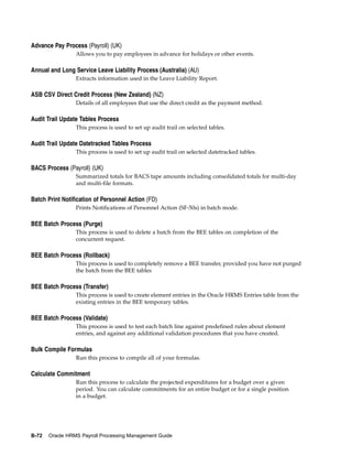 Advance Pay Process (Payroll) (UK)
                 Allows you to pay employees in advance for holidays or other events.

Annual and Long Service Leave Liability Process (Australia) (AU)
                 Extracts information used in the Leave Liability Report.

ASB CSV Direct Credit Process (New Zealand) (NZ)
                 Details of all employees that use the direct credit as the payment method.

Audit Trail Update Tables Process
                 This process is used to set up audit trail on selected tables.

Audit Trail Update Datetracked Tables Process
                 This process is used to set up audit trail on selected datetracked tables.

BACS Process (Payroll) (UK)
                 Summarized totals for BACS tape amounts including consolidated totals for multi-day
                 and multi-file formats.

Batch Print Notification of Personnel Action (FD)
                 Prints Notifications of Personnel Action (SF-50s) in batch mode.

BEE Batch Process (Purge)
                 This process is used to delete a batch from the BEE tables on completion of the
                 concurrent request.

BEE Batch Process (Rollback)
                 This process is used to completely remove a BEE transfer, provided you have not purged
                 the batch from the BEE tables

BEE Batch Process (Transfer)
                 This process is used to create element entries in the Oracle HRMS Entries table from the
                 existing entries in the BEE temporary tables.

BEE Batch Process (Validate)
                 This process is used to test each batch line against predefined rules about element
                 entries, and against any additional validation procedures that you have created.

Bulk Compile Formulas
                 Run this process to compile all of your formulas.

Calculate Commitment
                 Run this process to calculate the projected expenditures for a budget over a given
                 period. You can calculate commitments for an entire budget or for a single position
                 in a budget.




B-72   Oracle HRMS Payroll Processing Management Guide
 