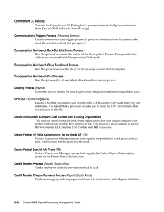 Commitment GL Posting
                  You run the Commitment GL Posting batch process to transfer budget commitments
                  from Oracle HRMS to Oracle General Ledger.

Communications Triggers Process (Advanced Benefits)
                  Use the communications triggers process to generate communications for persons who
                  meet the selection criteria that you specify.

Compensation Workbench Back-Out Life Events Process
                  Run this process to remove the results of the Participation Process: Compensation for
                  a life event associated with Compensation Workbench.

Compensation Workbench Close Enrollment Process
                  Run this process to close the life event for a Compensation Workbench plan.

Compensation Workbench Post Process
                  Run this process after all worksheet allocations have been approved.

Costing Process (Payroll)
                  Generates journal entries for your ledgers and costing information relating to labor costs.

CPFLine (Payroll) (Singapore)
                  Creates a file that you submit each month to the CPF Board for every legal entity in your
                  enterprise. The report that is produced enables you to view the CPF contributions that
                  are included in the file

Create and Maintain Company Cost Centers with Existing Organizations
                  This process creates company cost center organizations for each unique company cost
                  center combination that has been defined in GL. This process is also available as part of
                  the Synchronize GL Company Cost Centers with HR request set.

Create Federal HR Valid Combinations for the Grade KF (FD)
                  Federal Concurrent Manager process that supplies the predefined valid grade and pay
                  plan combinations for the grade key flexfield.

Create Federal Special Info Types (FD)
                  Federal Concurrent Manager process that supplies the Federal Special Information
                  types for the Person Special Information.

Credit Transfer Process (Payroll) (South Africa)
                  Marks employees with this payment method as paid.

Credit Transfer Cheque Payments Process (Payroll) (South Africa)
                  Produces an aggregated cheque per bank branch to be submitted with Deposit Schedules.




B-74   Oracle HRMS Payroll Processing Management Guide
 