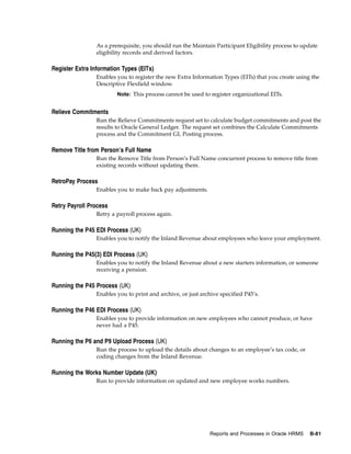 As a prerequisite, you should run the Maintain Participant Eligibility process to update
                 eligibility records and derived factors.

Register Extra Information Types (EITs)
                 Enables you to register the new Extra Information Types (EITs) that you create using the
                 Descriptive Flexfield window.
                         Note: This process cannot be used to register organizational EITs.


Relieve Commitments
                 Run the Relieve Commitments request set to calculate budget commitments and post the
                 results to Oracle General Ledger. The request set combines the Calculate Commitments
                 process and the Commitment GL Posting process.

Remove Title from Person’s Full Name
                 Run the Remove Title from Person’s Full Name concurrent process to remove title from
                 existing records without updating them.

RetroPay Process
                 Enables you to make back pay adjustments.

Retry Payroll Process
                 Retry a payroll process again.

Running the P45 EDI Process (UK)
                 Enables you to notify the Inland Revenue about employees who leave your employment.

Running the P45(3) EDI Process (UK)
                 Enables you to notify the Inland Revenue about a new starters information, or someone
                 receiving a pension.

Running the P45 Process (UK)
                 Enables you to print and archive, or just archive specified P45’s.

Running the P46 EDI Process (UK)
                 Enables you to provide information on new employees who cannot produce, or have
                 never had a P45.

Running the P6 and P9 Upload Process (UK)
                 Run the process to upload the details about changes to an employee’s tax code, or
                 coding changes from the Inland Revenue.

Running the Works Number Update (UK)
                 Run to provide information on updated and new employee works numbers.




                                                               Reports and Processes in Oracle HRMS   B-81
 