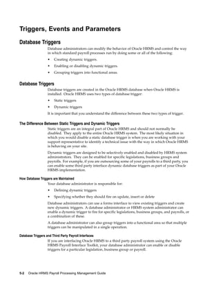 Triggers, Events and Parameters

Database Triggers
                 Database administrators can modify the behavior of Oracle HRMS and control the way
                 in which standard payroll processes run by doing some or all of the following:
                 •   Creating dynamic triggers.
                 •   Enabling or disabling dynamic triggers.
                 •   Grouping triggers into functional areas.


Database Triggers
                 Database triggers are created in the Oracle HRMS database when Oracle HRMS is
                 installed. Oracle HRMS uses two types of database trigger:
                 •   Static triggers
                 •   Dynamic triggers
                 It is important that you understand the difference between these two types of trigger.

The Difference Between Static Triggers and Dynamic Triggers
                 Static triggers are an integral part of Oracle HRMS and should not normally be
                 disabled. They apply to the entire Oracle HRMS system. The most likely situation in
                 which you would disable a static database trigger is when you are working with your
                 support representative to identify a technical issue with the way in which Oracle HRMS
                 is behaving on your site.
                 Dynamic triggers are designed to be selectively enabled and disabled by HRMS system
                 administrators. They can be enabled for specific legislations, business groups and
                 payrolls. For example, if you are outsourcing some of your payrolls to a third party, you
                 can enable some third party interface dynamic database triggers as part of your Oracle
                 HRMS implementation.

How Database Triggers are Maintained
                  Your database administrator is responsible for:
                 •   Defining dynamic triggers
                 •   Specifying whether they should fire on update, insert or delete
                 Database administrators can use a forms interface to view existing triggers and create
                 new dynamic triggers. A database administrator or HRMS system administrator can
                 enable a dynamic trigger to fire for specific legislations, business groups, and payrolls, or
                 a combination of these.
                 A database administrator can also group triggers into a functional area so that multiple
                 triggers can be manipulated in a single operation.

Database Triggers and Third Party Payroll Interfaces
                   If you are interfacing Oracle HRMS to a third party payroll system using the Oracle
                   HRMS Payroll Interface Toolkit, your database administrator can enable or disable
                   triggers for a particular legislation, business group or payroll.




5-2   Oracle HRMS Payroll Processing Management Guide
 
