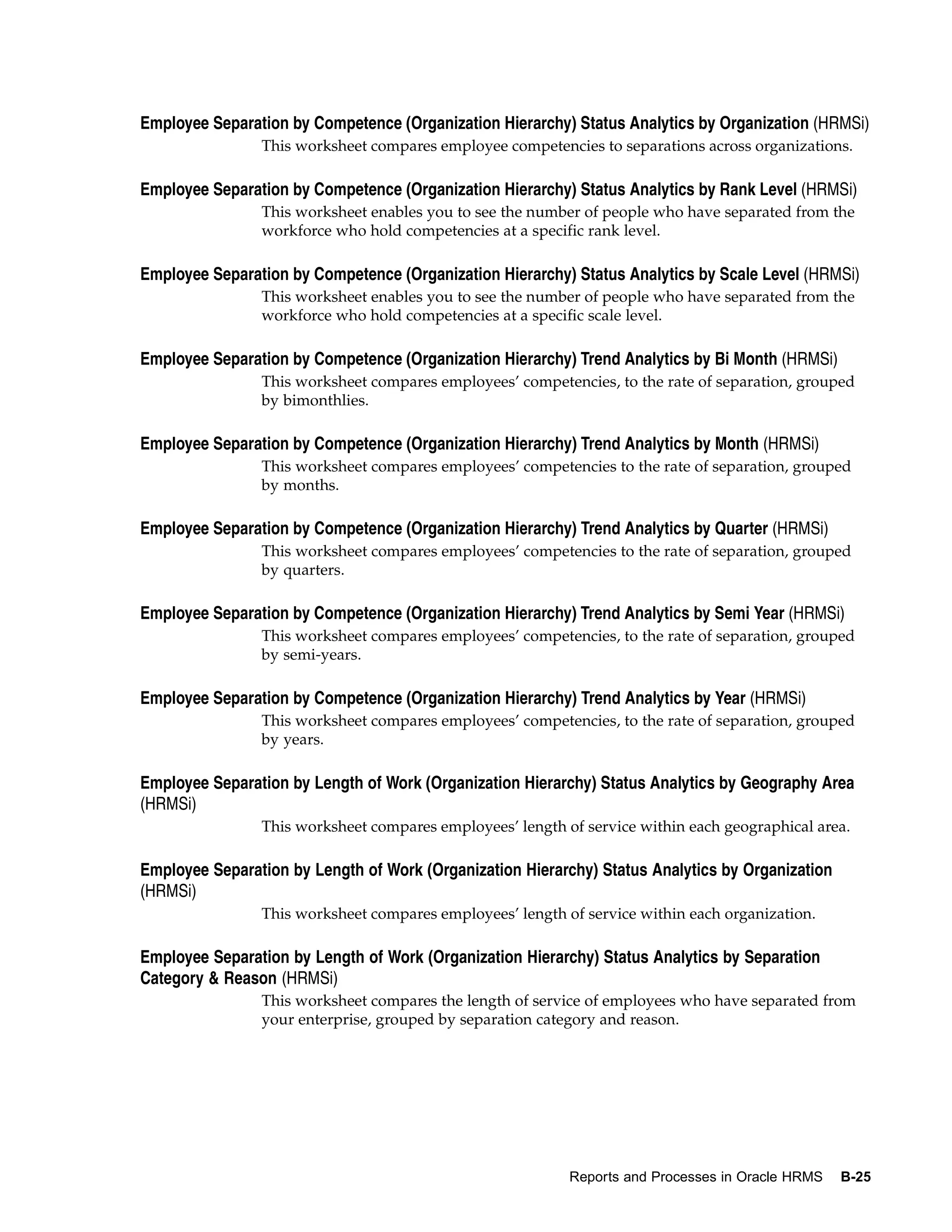 Employee Separation by Competence (Organization Hierarchy) Status Analytics by Organization (HRMSi)
                This worksheet compares employee competencies to separations across organizations.

Employee Separation by Competence (Organization Hierarchy) Status Analytics by Rank Level (HRMSi)
                This worksheet enables you to see the number of people who have separated from the
                workforce who hold competencies at a specific rank level.

Employee Separation by Competence (Organization Hierarchy) Status Analytics by Scale Level (HRMSi)
                This worksheet enables you to see the number of people who have separated from the
                workforce who hold competencies at a specific scale level.

Employee Separation by Competence (Organization Hierarchy) Trend Analytics by Bi Month (HRMSi)
                This worksheet compares employees’ competencies, to the rate of separation, grouped
                by bimonthlies.

Employee Separation by Competence (Organization Hierarchy) Trend Analytics by Month (HRMSi)
                This worksheet compares employees’ competencies to the rate of separation, grouped
                by months.

Employee Separation by Competence (Organization Hierarchy) Trend Analytics by Quarter (HRMSi)
                This worksheet compares employees’ competencies to the rate of separation, grouped
                by quarters.

Employee Separation by Competence (Organization Hierarchy) Trend Analytics by Semi Year (HRMSi)
                This worksheet compares employees’ competencies, to the rate of separation, grouped
                by semi-years.

Employee Separation by Competence (Organization Hierarchy) Trend Analytics by Year (HRMSi)
                This worksheet compares employees’ competencies, to the rate of separation, grouped
                by years.

Employee Separation by Length of Work (Organization Hierarchy) Status Analytics by Geography Area
(HRMSi)
                This worksheet compares employees’ length of service within each geographical area.

Employee Separation by Length of Work (Organization Hierarchy) Status Analytics by Organization
(HRMSi)
                This worksheet compares employees’ length of service within each organization.

Employee Separation by Length of Work (Organization Hierarchy) Status Analytics by Separation
Category & Reason (HRMSi)
                This worksheet compares the length of service of employees who have separated from
                your enterprise, grouped by separation category and reason.




                                                           Reports and Processes in Oracle HRMS   B-25
 