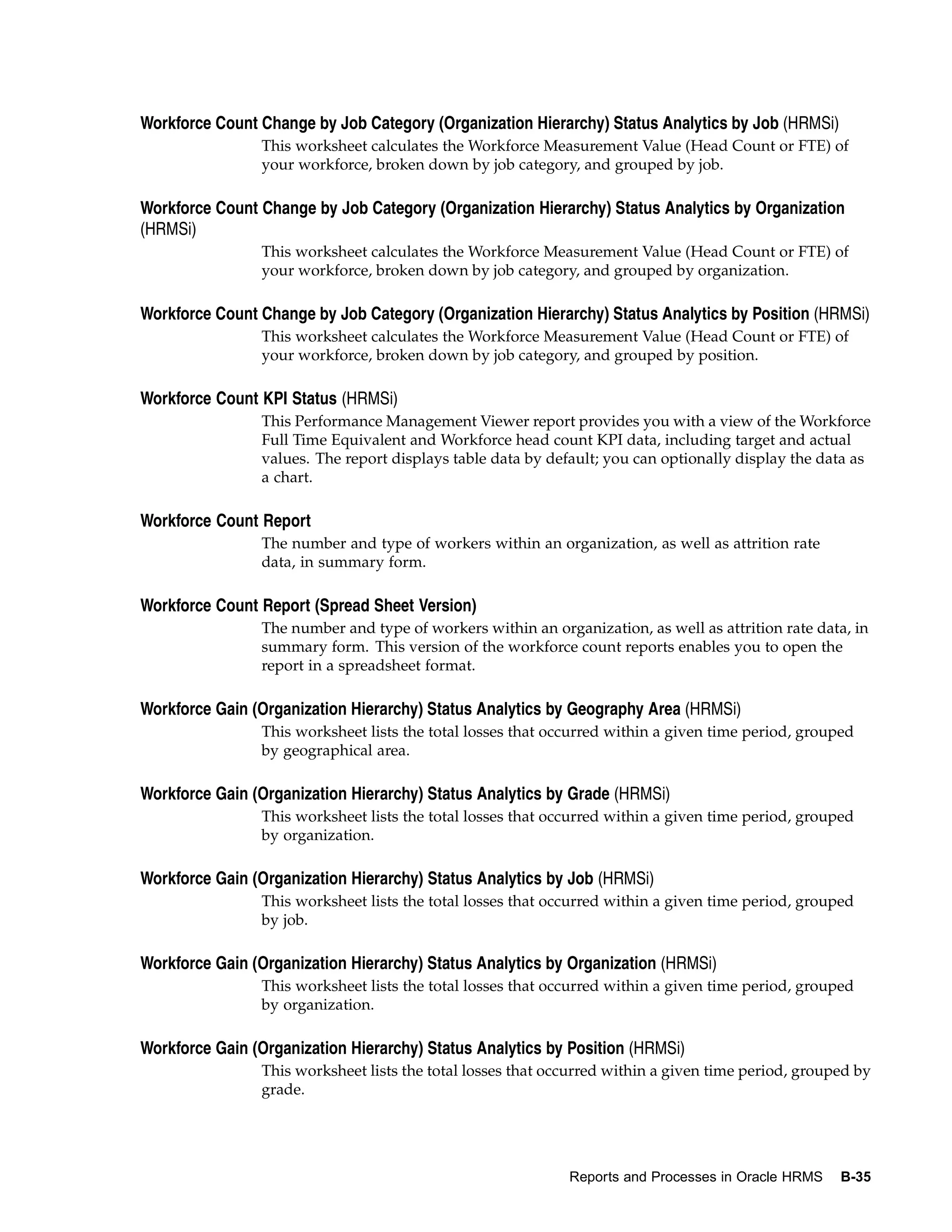 Workforce Count Change by Job Category (Organization Hierarchy) Status Analytics by Job (HRMSi)
                This worksheet calculates the Workforce Measurement Value (Head Count or FTE) of
                your workforce, broken down by job category, and grouped by job.

Workforce Count Change by Job Category (Organization Hierarchy) Status Analytics by Organization
(HRMSi)
                This worksheet calculates the Workforce Measurement Value (Head Count or FTE) of
                your workforce, broken down by job category, and grouped by organization.

Workforce Count Change by Job Category (Organization Hierarchy) Status Analytics by Position (HRMSi)
                This worksheet calculates the Workforce Measurement Value (Head Count or FTE) of
                your workforce, broken down by job category, and grouped by position.

Workforce Count KPI Status (HRMSi)
                This Performance Management Viewer report provides you with a view of the Workforce
                Full Time Equivalent and Workforce head count KPI data, including target and actual
                values. The report displays table data by default; you can optionally display the data as
                a chart.

Workforce Count Report
                The number and type of workers within an organization, as well as attrition rate
                data, in summary form.

Workforce Count Report (Spread Sheet Version)
                The number and type of workers within an organization, as well as attrition rate data, in
                summary form. This version of the workforce count reports enables you to open the
                report in a spreadsheet format.

Workforce Gain (Organization Hierarchy) Status Analytics by Geography Area (HRMSi)
                This worksheet lists the total losses that occurred within a given time period, grouped
                by geographical area.

Workforce Gain (Organization Hierarchy) Status Analytics by Grade (HRMSi)
                This worksheet lists the total losses that occurred within a given time period, grouped
                by organization.

Workforce Gain (Organization Hierarchy) Status Analytics by Job (HRMSi)
                This worksheet lists the total losses that occurred within a given time period, grouped
                by job.

Workforce Gain (Organization Hierarchy) Status Analytics by Organization (HRMSi)
                This worksheet lists the total losses that occurred within a given time period, grouped
                by organization.

Workforce Gain (Organization Hierarchy) Status Analytics by Position (HRMSi)
                This worksheet lists the total losses that occurred within a given time period, grouped by
                grade.




                                                             Reports and Processes in Oracle HRMS    B-35
 