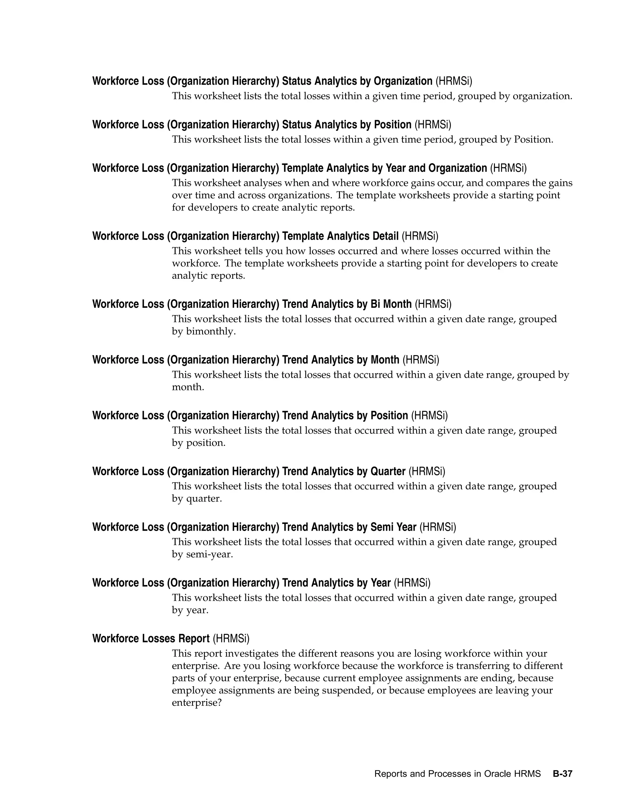 Workforce Loss (Organization Hierarchy) Status Analytics by Organization (HRMSi)
                This worksheet lists the total losses within a given time period, grouped by organization.

Workforce Loss (Organization Hierarchy) Status Analytics by Position (HRMSi)
                This worksheet lists the total losses within a given time period, grouped by Position.

Workforce Loss (Organization Hierarchy) Template Analytics by Year and Organization (HRMSi)
                This worksheet analyses when and where workforce gains occur, and compares the gains
                over time and across organizations. The template worksheets provide a starting point
                for developers to create analytic reports.

Workforce Loss (Organization Hierarchy) Template Analytics Detail (HRMSi)
                This worksheet tells you how losses occurred and where losses occurred within the
                workforce. The template worksheets provide a starting point for developers to create
                analytic reports.

Workforce Loss (Organization Hierarchy) Trend Analytics by Bi Month (HRMSi)
                This worksheet lists the total losses that occurred within a given date range, grouped
                by bimonthly.

Workforce Loss (Organization Hierarchy) Trend Analytics by Month (HRMSi)
                This worksheet lists the total losses that occurred within a given date range, grouped by
                month.

Workforce Loss (Organization Hierarchy) Trend Analytics by Position (HRMSi)
                This worksheet lists the total losses that occurred within a given date range, grouped
                by position.

Workforce Loss (Organization Hierarchy) Trend Analytics by Quarter (HRMSi)
                This worksheet lists the total losses that occurred within a given date range, grouped
                by quarter.

Workforce Loss (Organization Hierarchy) Trend Analytics by Semi Year (HRMSi)
                This worksheet lists the total losses that occurred within a given date range, grouped
                by semi-year.

Workforce Loss (Organization Hierarchy) Trend Analytics by Year (HRMSi)
                This worksheet lists the total losses that occurred within a given date range, grouped
                by year.

Workforce Losses Report (HRMSi)
                This report investigates the different reasons you are losing workforce within your
                enterprise. Are you losing workforce because the workforce is transferring to different
                parts of your enterprise, because current employee assignments are ending, because
                employee assignments are being suspended, or because employees are leaving your
                enterprise?




                                                             Reports and Processes in Oracle HRMS    B-37
 