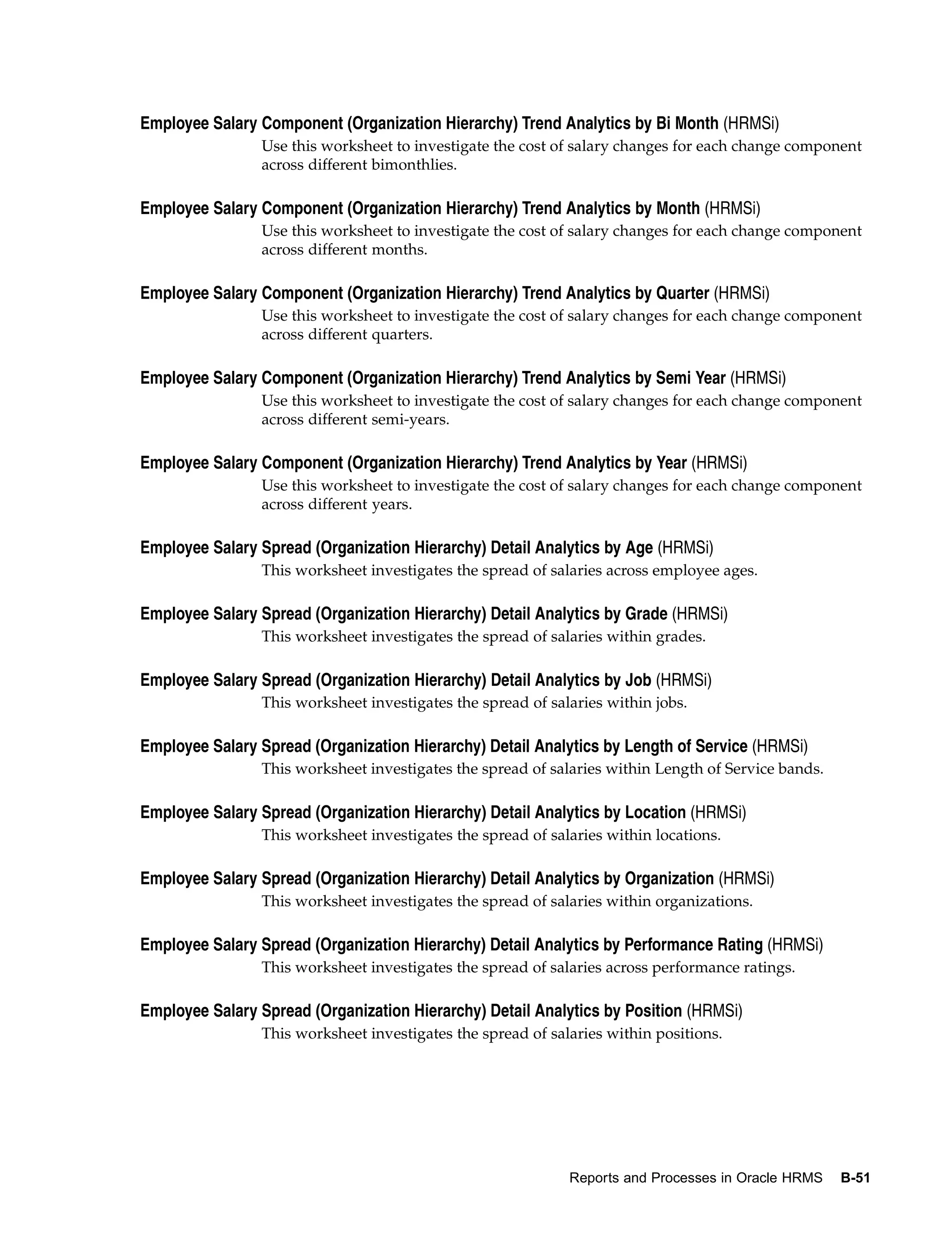 Employee Salary Component (Organization Hierarchy) Trend Analytics by Bi Month (HRMSi)
                Use this worksheet to investigate the cost of salary changes for each change component
                across different bimonthlies.

Employee Salary Component (Organization Hierarchy) Trend Analytics by Month (HRMSi)
                Use this worksheet to investigate the cost of salary changes for each change component
                across different months.

Employee Salary Component (Organization Hierarchy) Trend Analytics by Quarter (HRMSi)
                Use this worksheet to investigate the cost of salary changes for each change component
                across different quarters.

Employee Salary Component (Organization Hierarchy) Trend Analytics by Semi Year (HRMSi)
                Use this worksheet to investigate the cost of salary changes for each change component
                across different semi-years.

Employee Salary Component (Organization Hierarchy) Trend Analytics by Year (HRMSi)
                Use this worksheet to investigate the cost of salary changes for each change component
                across different years.

Employee Salary Spread (Organization Hierarchy) Detail Analytics by Age (HRMSi)
                This worksheet investigates the spread of salaries across employee ages.

Employee Salary Spread (Organization Hierarchy) Detail Analytics by Grade (HRMSi)
                This worksheet investigates the spread of salaries within grades.

Employee Salary Spread (Organization Hierarchy) Detail Analytics by Job (HRMSi)
                This worksheet investigates the spread of salaries within jobs.

Employee Salary Spread (Organization Hierarchy) Detail Analytics by Length of Service (HRMSi)
                This worksheet investigates the spread of salaries within Length of Service bands.

Employee Salary Spread (Organization Hierarchy) Detail Analytics by Location (HRMSi)
                This worksheet investigates the spread of salaries within locations.

Employee Salary Spread (Organization Hierarchy) Detail Analytics by Organization (HRMSi)
                This worksheet investigates the spread of salaries within organizations.

Employee Salary Spread (Organization Hierarchy) Detail Analytics by Performance Rating (HRMSi)
                This worksheet investigates the spread of salaries across performance ratings.

Employee Salary Spread (Organization Hierarchy) Detail Analytics by Position (HRMSi)
                This worksheet investigates the spread of salaries within positions.




                                                             Reports and Processes in Oracle HRMS    B-51
 