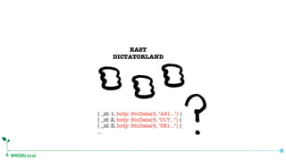 #MDBLocal
EAST
DICTATORLAND
{ _id: 1, body: BinData(6, "A81…") }
{ _id: 2, body: BinData(6, "017…") }
{ _id: 3, body: BinData(6, "5E1…") }
…
 