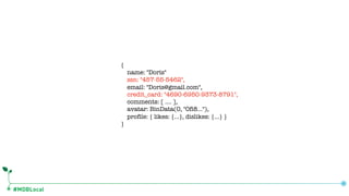#MDBLocal
{
name: "Doris"
ssn: "457-55-5462",
email: "Doris@gmail.com",
credit_card: "4690-6950-9373-8791",
comments: [ …. ],
avatar: BinData(0, "0fi8…"),
profile: { likes: {…}, dislikes: {…} }
}
 