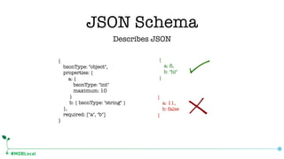 #MDBLocal
Describes JSON
{
bsonType: "object",
properties: {
a: {
bsonType: "int"
maximum: 10
}
b: { bsonType: "string" }
},
required: ["a", "b"]
}
{
a: 5,
b: "hi"
}
{
a: 11,
b: false
}
JSON Schema
 