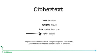#MDBLocal
byte algorithm
byte[16] key_id
byte original_bson_type
byte* payload
Payload includes encoded IV and padding block, and HMAC.
Ciphertext adds between 66 to 82 bytes of overhead.
Ciphertext
 