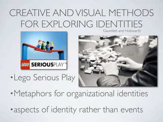 CREATIVE AND VISUAL METHODS
  FOR EXPLORING IDENTITIES   Gauntlett and Holzwarth




•Lego   Serious Play
•Metaphors    for organizational identities
•aspects   of identity rather than events
 
