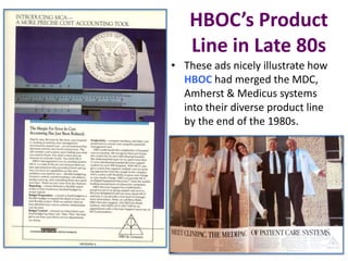 HBOC’s Product
Line in Late 80s
• These ads nicely illustrate how
HBOC had merged the MDC,
Amherst & Medicus systems
into their diverse product line
by the end of the 1980s.

 