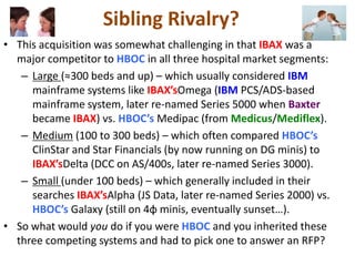 Sibling Rivalry?
• This acquisition was somewhat challenging in that IBAX was a
major competitor to HBOC in all three hospital market segments:
– Large (≈300 beds and up) – which usually considered IBM
mainframe systems like IBAX’sOmega (IBM PCS/ADS-based
mainframe system, later re-named Series 5000 when Baxter
became IBAX) vs. HBOC’s Medipac (from Medicus/Mediflex).
– Medium (100 to 300 beds) – which often compared HBOC’s
ClinStar and Star Financials (by now running on DG minis) to
IBAX’sDelta (DCC on AS/400s, later re-named Series 3000).
– Small (under 100 beds) – which generally included in their
searches IBAX’sAlpha (JS Data, later re-named Series 2000) vs.
HBOC’s Galaxy (still on 4φ minis, eventually sunset…).
• So what would you do if you were HBOC and you inherited these
three competing systems and had to pick one to answer an RFP?

 