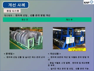 개선테마 : 원자재 선입 , 선출 관리 방법 개선
개선 전 개선 후
< 문제점 >
-. 원자재 선입 선출 및 실시간 재고 관리 난이
< 개선내용 >
-. 원자재 보관대 개선 및 식별표 관리 방법 개
선
-. 동일 식별표 2 장 발행 . 원자재 및 재고현황
판 부착 .
-. 실시간 재고 관리 및 선입 , 선출 관리 가능 .
색상별 TAG 를 사용하여
입 . 출고 관리 진행
개선 사례
품질 시스템품질 시스템
 