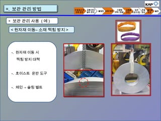 < 원자재 이동– 소재 찍힘 방지 >
-. 원자재 이동 시
찍힘 방지 대책
-. 호이스트 운반 도구
-. 체인 → 슬링 벨트
◈ 보관 관리 사용 ( 예 )
▣. 보관 관리 방법
 