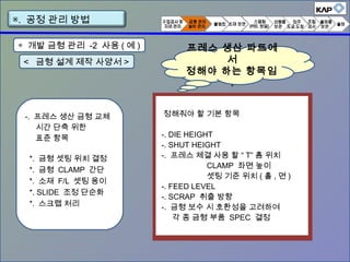 < 금형 설계 제작 사양서 >
-. 프레스 생산 금형 교체
시간 단축 위한
표준 항목
*. 금형 셋팅 위치 결정
*. 금형 CLAMP 간단
*. 소재 F/L 셋팅 용이
*. SLIDE 조정 단순화
*. 스크랩 처리
정해줘야 할 기본 항목
-. DIE HEIGHT
-. SHUT HEIGHT
-. 프레스 체결 사용 할 “ T” 홈 위치
CLAMP 좌면 높이
셋팅 기준 위치 ( 홀 , 면 )
-. FEED LEVEL
-. SCRAP 취출 방향
-. 금형 보수 시 호환성을 고려하여
각 종 금형 부품 SPEC 결정
▣. 공정 관리 방법
프레스 생산 파트에
서
정해야 하는 항목임
.
◈ 개발 금형 관리 -2 사용 ( 예 )
 