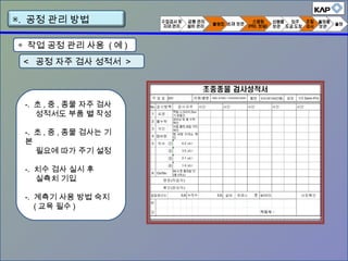 ◈ 작업 공정 관리 사용 ( 예 )
< 공정 자주 검사 성적서 >
-. 초 , 중 , 종물 자주 검사
성적서도 부품 별 작성
-. 초 , 중 , 종물 검사는 기
본
필요에 따가 주기 설정
-. 치수 검사 실시 후
실측치 기입
-. 계측기 사용 방법 숙지
( 교육 필수 )
▣. 공정 관리 방법
 
