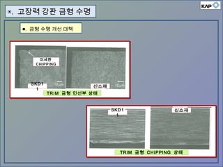 ▣. 고장력 강판 금형 수명
■. 금형 수명 개선 대책
TRIM 금형 CHIPPING 상태
SKD1
1
신소재
TRIM 금형 인선부 상태
SKD1
1
신소재
미세한
CHIPPING
 