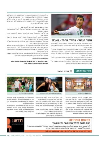 23 / ‫שלנו‬ ‫ירושלים‬ ‫מגזין‬ / 116 ‫מס׳‬ / 2016 ‫אוגוסט‬
‫דקות‬ 90-‫ל‬ ‫מעבר‬ ‫המשיך‬ ‫המשחק‬ ,‫פורטוגל‬ ‫של‬ ‫במשחקים‬ ‫כצפוי‬
‫סיפק‬ ‫לא‬ ‫הזה‬ ‫היורו‬ ‫רוב‬ ‫ההגינות‬ ‫למען‬ ‫אך‬ ,‫רבים‬ ‫שערים‬ ‫סיפק‬ ‫ולא‬
.‫רבים‬ ‫שערים‬
‫שהוביל‬ ‫בעולם‬ ‫הטובים‬ ‫מהשחקנים‬ ‫שאחד‬ ‫העובדה‬ ‫את‬ ‫לציין‬ ‫יש‬
25-‫ה‬ ‫בדקה‬ ‫והוחלף‬ ‫נפצע‬ ,‫לבדו‬ ‫כמעט‬ ‫לגמר‬ ‫עד‬ ‫פורטוגל‬ ‫נבחרת‬ ‫את‬
‫הצליח‬ ‫לא‬ ‫פשוט‬ ‫הגדול‬ ‫רונאלדו‬ ‫למגרש‬ ‫לחזור‬ ‫רבים‬ ‫ניסיונות‬ ‫(למרות‬
.)‫הדשא‬ ‫לכר‬ ‫לחזור‬
‫למדי‬ ‫טוב‬ ‫משחק‬ ‫למרות‬ ‫רבים‬ ‫מצבים‬ ‫וחסר‬ ‫ברובו‬ ‫הגנתי‬ ‫היה‬ ‫המשחק‬
.‫פטריסיו‬ ‫ורוי‬ ‫לוריס‬ ‫הוגו‬ :‫השוערים‬ ‫שני‬ ‫של‬
‫של‬ ‫הצעיר‬ ‫שחקנה‬ ‫היה‬ ‫המשחק‬ ‫של‬ ‫המרשימים‬ ‫מהשחקנים‬ ‫אחד‬
.‫קומאן‬ ‫קינגסלי‬ ‫צרפת‬ ‫ונבחרת‬ ‫מינכן‬ ‫באיירן‬
‫לא‬ ‫אך‬ ‫היורו‬ ‫כל‬ ‫ביצע‬ )‫צרפת‬ ‫של‬ ‫(המאמן‬ ‫שדשאן‬ ‫יותר‬ ‫תמוה‬ ‫חילוף‬
.‫לערך‬ ‫הסיום‬ ‫לפני‬ ‫דקות‬ 15 - ‫בזירו‬ ‫זיניאק‬ ‫של‬ ‫החילוף‬ ‫זה‬ ‫פירות‬ ‫הניב‬
‫החלוץ‬ ‫שהיה‬ ‫מי‬ ‫כמו‬ ‫לא‬ ‫במיוחד‬ ‫שערים‬ ‫הניב‬ ‫ולא‬ ‫הזדקן‬ ‫זיניאק‬
‫שנים‬ ‫כמה‬ ‫לפני‬ ‫הצרפתית‬ ‫בליגה‬ ‫שזכה‬ )‫(זירו‬ ‫מונטפיליה‬ ‫של‬ ‫המוביל‬
.‫הצרפתית‬ ‫הליגה‬ ‫את‬ ‫והוביל‬
!‫אין‬ ‫לזיניאק‬ ‫אך‬ ‫מצוין‬ ‫ראש‬ ‫משחק‬ ‫יש‬ ‫לזירו‬
‫דה‬ ‫הסטאד‬ ‫לפנדלים‬ ‫הולך‬ ‫הוא‬ ‫שבו‬ ‫נראה‬ ‫שהמשחק‬ ‫דקות‬ 109 ‫לאחר‬
.‫השתתק‬ ‫פראנס‬
‫הרוח‬ ‫את‬ ‫לצרפת‬ ‫והוציא‬ ‫הסיפור‬ ‫את‬ ‫שגמר‬ ‫הפורטוגלי‬ ‫אדר‬ ‫של‬ ‫גול‬
‫מהמפרשים‬
‫מרסיאל‬ ‫אנטוני‬ ‫את‬ ‫כשהכניס‬ ‫גורלו‬ ‫את‬ ‫לשנות‬ ‫ניסה‬ ‫עוד‬ ‫דשאן‬
.‫מידי‬ ‫מאוחר‬ ‫היה‬ ‫זה‬ ‫אך‬ ‫סיסוקו‬ ‫במקום‬
‫לרונאלדו‬ ‫ברציפות‬ ‫שני‬ ‫גדול‬ ‫גמר‬ ‫מפסיד‬ ‫וגריזמן‬ ‫חוגגת‬ ‫פורטוגל‬
.‫האחרונים‬ ‫החודשים‬ ‫בשלושת‬
‫לא‬ ‫גם‬ ,‫בגביע‬ ‫לזכות‬ ‫לה‬ ‫הגיע‬ ‫לא‬ ‫פורטוגל‬ ‫נבחרת‬ ‫של‬ ‫יכולתה‬ ‫לפי‬
‫מאוד‬ ‫לה‬ ‫עזרה‬ ‫היורו‬ ‫של‬ ‫הנוקאאוט‬ ‫שיטת‬ ‫אך‬ ‫הגמר‬ ‫לחצי‬ ‫להגיע‬
‫צרפת‬ ‫(ספרד‬ ‫באירופה‬ ‫הבכירות‬ ‫מהנבחרות‬ 4 ‫עם‬ ‫נפגשה‬ ‫לא‬ ‫והיא‬
.)‫וגרמניה‬ ‫איטליה‬
‫שיצאה‬ ‫קבוצה‬ ‫על‬ ‫שהימרו‬ ‫האנשים‬ ‫לאותם‬ ‫כבוד‬ ‫מגיע‬ ,‫מקרה‬ ‫בכל‬
.‫דקות‬ 90-‫ב‬ ‫אחד‬ ‫משחק‬ ‫וניצחה‬ ‫בביתה‬ ‫השלישי‬ ‫במקום‬
!2020 ‫ביורו‬ ‫להתראות‬
‫ככתב‬ ‫שמשמש‬ ‫דורון‬ ‫ראובן‬ ‫אל"ם‬ ‫של‬ ‫הנכד‬ 15 ‫בן‬ ‫רבינוביץ‬ ‫*עידו‬
"‫שלנו‬ ‫"ירושלים‬ ‫במגזין‬ ‫חברתיים‬ ‫לעניינים‬
‫מאכזב‬ - ?‫אחת‬ ‫במילה‬ - ‫הגדול‬ ‫הגמר‬
‫מלחה‬ ‫בקניון‬ Qone ‫חנות‬
‫בישראל‬ ‫החדשה‬ ‫לנשים‬ ‫האופנה‬ ‫רשת‬
‫חודשים‬ ‫כשלושה‬ ‫לפני‬ ‫שפתחה‬ Qone
‫בקניון‬ ‫הדגל‬ ‫סניף‬ ‫שלה‬ ‫הראשון‬ ‫הסניף‬ ‫את‬
‫"כל‬ ‫במבצע‬ ‫יצאה‬ ‫בירושלים‬ ‫מלחה‬ ‫עזריאלי‬
"‫לפריט‬ ₪ 100 ‫עד‬ ‫החנות‬
Qone ‫החדשה‬ ‫האופנה‬ ‫רשת‬ ‫של‬ ‫הבעלים‬
‫מעל‬ ‫של‬ ‫ותק‬ ‫עם‬ ‫פרטוק‬ ‫ופיני‬ ‫זינגר‬ ‫זאב‬ ‫הם‬
‫ובבעלותם‬ ‫והביגוד‬ ‫האופנה‬ ‫בתחום‬ ‫שנה‬ 25
.‫והמוכרת‬ ‫הוותיקה‬ "‫"זברה‬ ‫רשת‬
‫בתכנית‬ ‫לאחרונה‬ ‫התארחה‬ ‫בספלוב‬ ‫אדל‬
.‫ירושלים‬ ‫ברדיו‬ ‫קליין‬ ‫סיוון‬ ‫עם‬ "‫נהיה‬ ‫"מה‬
.‫זוגה‬ ‫מבן‬ ‫לאחרונה‬ ‫נפרדה‬ ‫שהיא‬ ‫סיפרה‬ ‫אדל‬
‫שמתחילים‬ ‫לגברים‬ ‫בפייסבוק‬ ‫עונה‬ ‫לא‬ ‫היא‬
‫שהיא‬ ‫אתה‬ ‫שמתחילים‬ ‫לכאלה‬ ‫לא‬ ‫וגם‬ ‫אתה‬
.‫הבר‬ ‫על‬ ‫יושבת‬
‫אחת‬ ‫עם‬ ‫לאיביזה‬ ‫לנסוע‬ ‫מתכננת‬ ‫היא‬
.‫גירלס‬ ‫איט‬ ‫מהתכנית‬ ‫החברות‬
‫לה‬ ‫יש‬ ‫השתתפה‬ ‫בה‬ "‫"היחידה‬ ‫מהתכנית‬
.‫שילון‬ ‫עדי‬ ‫עם‬ ‫טובה‬ ‫חברות‬
‫תקשורת‬ ‫ואנשי‬ ‫עסקים‬ ‫אנשי‬ ,‫סלבים‬ ‫עשרות‬
‫לאירוע‬ ‫לאחרונה‬ ‫הגיעו‬ ‫משפחותיהם‬ ‫בני‬ ‫עם‬
‫הגן‬ ‫של‬ ‫החדשה‬ ‫הקיץ‬ ‫פעילות‬ ‫של‬ ‫ההשקה‬
.‫בירושלים‬ ‫הבוטני‬
‫מחוויה‬ ‫נהנו‬ ‫בתחפושות‬ ‫שהגיעו‬ ‫הילדים‬
‫החשיכה‬ ‫רדת‬ ‫עם‬ ‫שהפך‬ ‫קסום‬ ‫גן‬ ‫של‬ ‫מרתקת‬
‫מהאגדות‬ ‫דמויות‬ ‫פגשו‬ ,‫מהאגדות‬ ‫למקום‬
.‫ועוד‬ ‫שדונים‬ ,‫גמדים‬ ,‫פיות‬ ‫כמו‬
‫ירושלים‬ ‫ברדיו‬ ‫קליין‬ ‫סיוון‬ ‫עם‬ ‫בספלוב‬ ‫אדל‬‫והילדים‬ ‫מיכאלי‬ ‫אנסטסיה‬
‫המצלמה‬ ‫בעין‬‫נעימי‬ ‫שירי‬ //
‫האחוזה‬ ‫כסאות‬
‫אוכל‬ ‫ופינות‬ ‫לכסאות‬ ‫בתלפיות‬ ‫חדשה‬ ‫חנות‬
.‫אוכל‬ ‫ופינות‬ ‫לכסאות‬ "‫האחוזה‬ ‫"כסאות‬ ‫בשם‬ ‫חדשה‬ ‫חנות‬ ‫בתלפיות‬ ‫נפתחה‬ ‫ימים‬ ‫מספר‬ ‫לפני‬
.‫בירושלים‬ ‫בית‬ ‫לכל‬ ‫להתאים‬ ‫שיכול‬ ‫ועשיר‬ ‫רחב‬ ‫מגוון‬ ‫כוללת‬ ‫החנות‬
.‫דלויה‬‫רפי‬:‫צילום‬
) ‫מ‬ ( 0 2 - 9 9 2 1 1 0 6 . ‫ל‬ ‫ט‬ , ‫ת‬ ‫ו‬ ‫י‬ ‫פ‬ ‫ל‬ ‫ת‬ ,1 4 ‫ם‬ ‫י‬ ‫צ‬ ‫ו‬ ‫ר‬ ‫ח‬ ‫ד‬ ‫י‬ ' ‫ח‬ ‫ר‬
‫רונאלדו‬ ‫כריסטיאנו‬
 