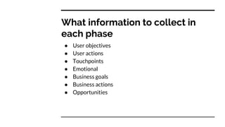 What information to collect in
each phase
● User objectives
● User actions
● Touchpoints
● Emotional
● Business goals
● Business actions
● Opportunities
 