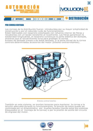 POR CORREA DENTADA
Las correas de la distribución fueron introducidas por su mayor simplicidad de
construcción y por el reducido ruido de funcionamiento.
Están fabricadas con neopreno estampado con refuerzo interior de fibras y
recubiertas con un tejido resistente al rozamiento. Las fibras garantizan la
estabilidad longitudinal, el neopreno constituye la parte elástica del dentado,
mientras que el recubrimiento sirve para proteger la correa.
Existen de dentado simple o de doble dentado, si la parte dorsal de la correa
controla determinados accesorios del motor (árboles contrarrotantes).
Árboles contrarrotantes
También en este sistema, se montan tensores para mantener la correa a la
tensión adecuada durante su funcionamiento, la tensión de éstos puede ser
controlada por un dinamómetro, por muelles tarados (siendo estos dos sistemas
bloqueados en el montaje de la correa) o por la presión de aceite del circuito
de engrase del motor.
38
DISTRIBUCIÓNZOOM ZOOMIMPRIMIR NDICEÍ
A U T O M O C I Ó N
MOTORES TÉRMICOS Y SUS
SISTEMAS AUXILIARES
 
