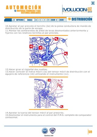 10.Apretar al par previsto el tornillo (2a) de la polea conductora de mando de
distribución de la parte de escape.
11.Montar los sombreretes de árbol de levas desmontados anteriormente y
fijarlos con los relativos tornillos al par previsto.
12.Hacer girar el cigüeñal dos vueltas.
13.Hacer coincidir el índice móvil (1a) del tensor móvil de distribución con el
agujero de referencia (1b) utilizando el instrumento (1c).
14.Apretar la tuerca del tensor móvil al par prescrito.
15.Desmontar el instrumento para el control del P.M.S. completo de comparador
centesimal.
59
DISTRIBUCIÓNZOOM ZOOMIMPRIMIR NDICEÍ
A U T O M O C I Ó N
MOTORES TÉRMICOS Y SUS
SISTEMAS AUXILIARES
 