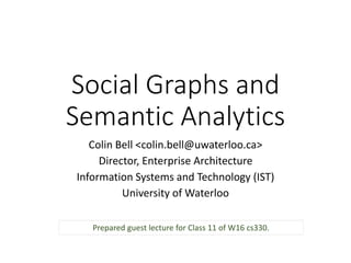 Social Graphs and
Semantic Analytics
Colin Bell <colin.bell@uwaterloo.ca>
Director, Enterprise Architecture
Information Systems and Technology (IST)
University of Waterloo
Prepared guest lecture for Class 11 of W16 cs330.
 