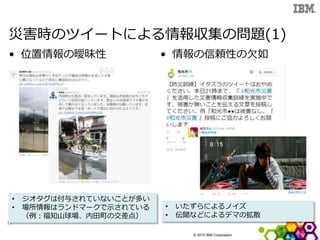© 2015 IBM Corporation
災害時のツイートによる情報収集の問題(1)
• 位置情報の曖昧性 • 情報の信頼性の欠如
11
• ジオタグは付与されていないことが多い
• 場所情報はランドマークで示されている
（例：福知山球場、内田町の交差点）
• いたずらによるノイズ
• 伝聞などによるデマの拡散
 