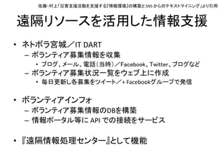 遠隔リソースを活用した情報支援
• ネトボラ宮城／IT DART
– ボランティア募集情報を収集
• ブログ、メール、電話（当時）／Facebook、Twitter、ブログなど
– ボランティア募集状況一覧をウェブ上に作成
• 毎日更新し各募集をツイート／+ Facebookグループで発信
• ボランティアインフォ
– ボランティア募集情報のDBを構築
– 情報ポータル等に API での接続をサービス
• 『遠隔情報処理センター』として機能
佐藤・村上「災害支援活動を支援する『情報環境』の構築と SNS からのテキストマイニング」より引用
 
