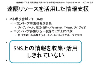 遠隔リソースを活用した情報支援
• ネトボラ宮城／IT DART
– ボランティア募集情報を収集
• ブログ、メール、電話（当時）／Facebook、Twitter、ブログなど
– ボランティア募集状況一覧をウェブ上に作成
• 毎日更新し各募集をツイート／+ Facebookグループで発信
• ボランティアインフォ
– ボランティア募集情報のDBを構築
– 情報ポータル等に API での接続をサービス
• 『遠隔情報処理センター』として機能
SNS上の情報を収集・活用
しきれていない
佐藤・村上「災害支援活動を支援する『情報環境』の構築と SNS からのテキストマイニング」より引用
 