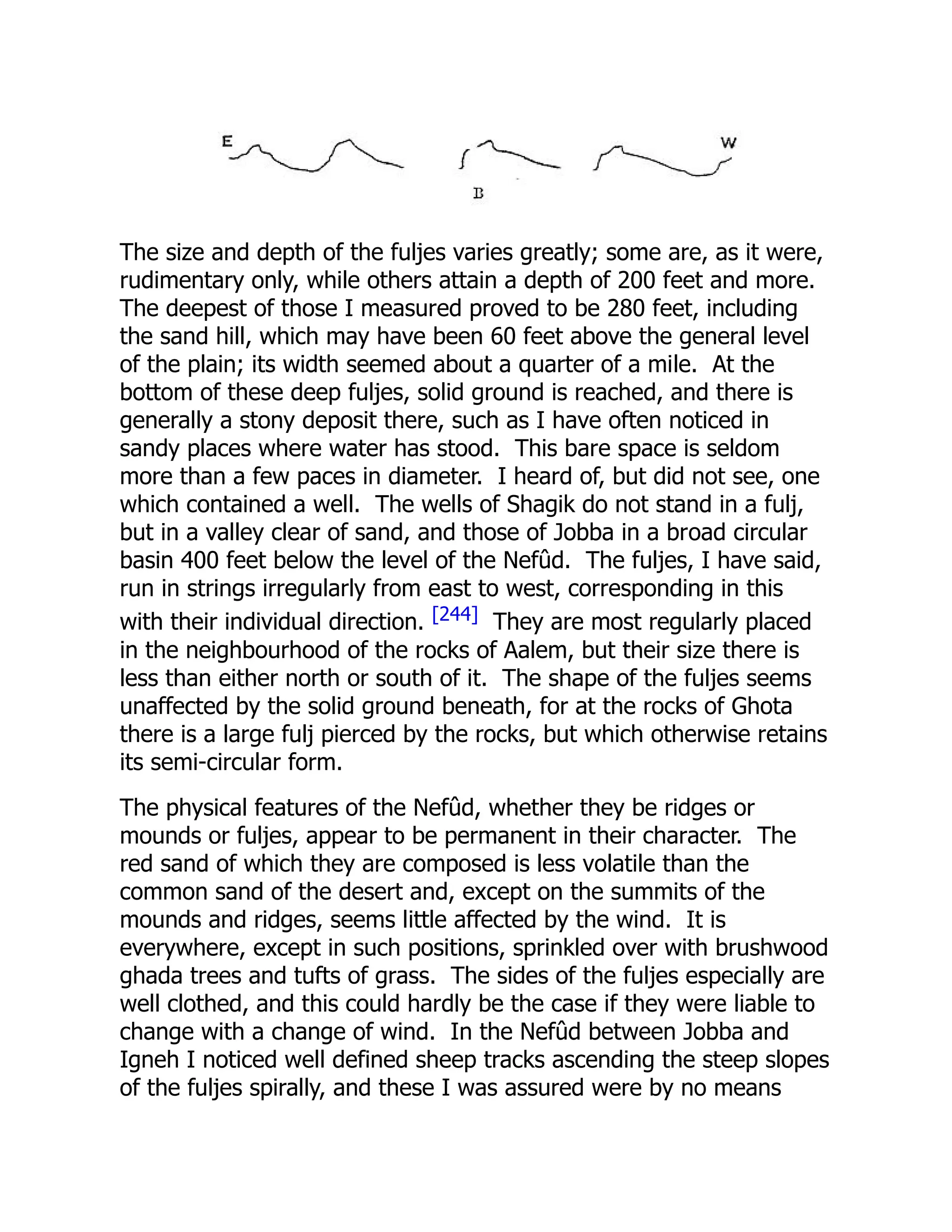 The size and depth of the fuljes varies greatly; some are, as it were,
rudimentary only, while others attain a depth of 200 feet and more.
The deepest of those I measured proved to be 280 feet, including
the sand hill, which may have been 60 feet above the general level
of the plain; its width seemed about a quarter of a mile. At the
bottom of these deep fuljes, solid ground is reached, and there is
generally a stony deposit there, such as I have often noticed in
sandy places where water has stood. This bare space is seldom
more than a few paces in diameter. I heard of, but did not see, one
which contained a well. The wells of Shagik do not stand in a fulj,
but in a valley clear of sand, and those of Jobba in a broad circular
basin 400 feet below the level of the Nefûd. The fuljes, I have said,
run in strings irregularly from east to west, corresponding in this
with their individual direction. [244] They are most regularly placed
in the neighbourhood of the rocks of Aalem, but their size there is
less than either north or south of it. The shape of the fuljes seems
unaffected by the solid ground beneath, for at the rocks of Ghota
there is a large fulj pierced by the rocks, but which otherwise retains
its semi-circular form.
The physical features of the Nefûd, whether they be ridges or
mounds or fuljes, appear to be permanent in their character. The
red sand of which they are composed is less volatile than the
common sand of the desert and, except on the summits of the
mounds and ridges, seems little affected by the wind. It is
everywhere, except in such positions, sprinkled over with brushwood
ghada trees and tufts of grass. The sides of the fuljes especially are
well clothed, and this could hardly be the case if they were liable to
change with a change of wind. In the Nefûd between Jobba and
Igneh I noticed well defined sheep tracks ascending the steep slopes
of the fuljes spirally, and these I was assured were by no means
 