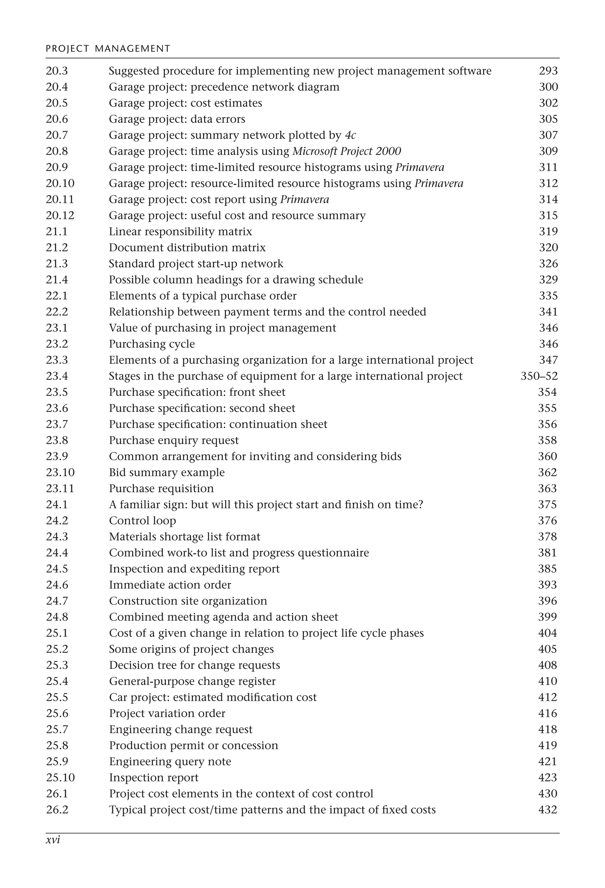 PROJECT MANAGEMENT
xvi
20.3 Suggested procedure for implementing new project management software 293
20.4 Garage project: precedence network diagram 300
20.5 Garage project: cost estimates 302
20.6 Garage project: data errors 305
20.7 Garage project: summary network plotted by 4c 307
20.8 Garage project: time analysis using Microsoft Project 2000 309
20.9 Garage project: time-limited resource histograms using Primavera 311
20.10 Garage project: resource-limited resource histograms using Primavera 312
20.11 Garage project: cost report using Primavera 314
20.12 Garage project: useful cost and resource summary 315
21.1 Linear responsibility matrix 319
21.2 Document distribution matrix 320
21.3 Standard project start-up network 326
21.4 Possible column headings for a drawing schedule 329
22.1 Elements of a typical purchase order 335
22.2 Relationship between payment terms and the control needed 341
23.1 Value of purchasing in project management 346
23.2 Purchasing cycle 346
23.3 Elements of a purchasing organization for a large international project 347
23.4 Stages in the purchase of equipment for a large international project 350–52
23.5 Purchase specification: front sheet 354
23.6 Purchase specification: second sheet 355
23.7 Purchase specification: continuation sheet 356
23.8 Purchase enquiry request 358
23.9 Common arrangement for inviting and considering bids 360
23.10 Bid summary example 362
23.11 Purchase requisition 363
24.1 A familiar sign: but will this project start and finish on time? 375
24.2 Control loop 376
24.3 Materials shortage list format 378
24.4 Combined work-to list and progress questionnaire 381
24.5 Inspection and expediting report 385
24.6 Immediate action order 393
24.7 Construction site organization 396
24.8 Combined meeting agenda and action sheet 399
25.1 Cost of a given change in relation to project life cycle phases 404
25.2 Some origins of project changes 405
25.3 Decision tree for change requests 408
25.4 General-purpose change register 410
25.5 Car project: estimated modification cost 412
25.6 Project variation order 416
25.7 Engineering change request 418
25.8 Production permit or concession 419
25.9 Engineering query note 421
25.10 Inspection report 423
26.1 Project cost elements in the context of cost control 430
26.2 Typical project cost/time patterns and the impact of fixed costs 432
 