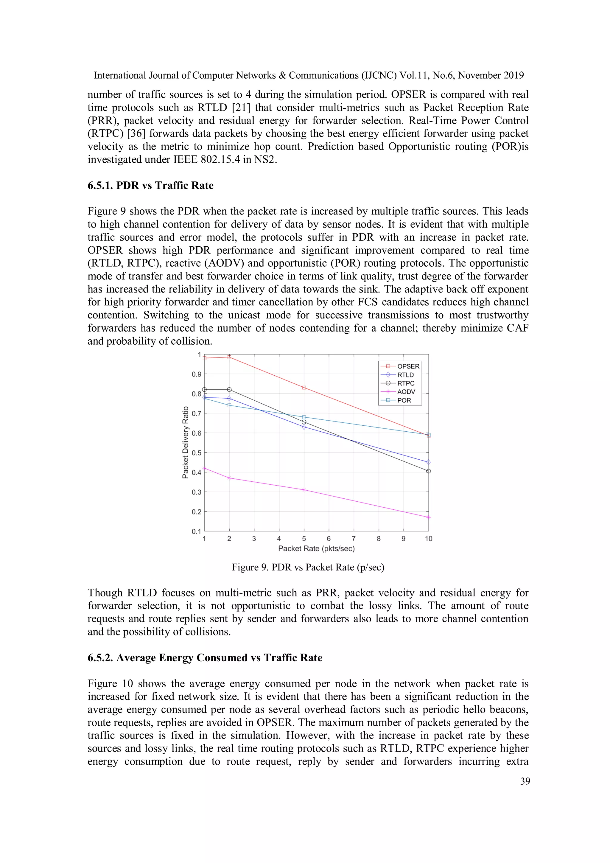 International Journal of Computer Networks & Communications (IJCNC) Vol.11, No.6, November 2019
39
number of traffic sources is set to 4 during the simulation period. OPSER is compared with real
time protocols such as RTLD [21] that consider multi-metrics such as Packet Reception Rate
(PRR), packet velocity and residual energy for forwarder selection. Real-Time Power Control
(RTPC) [36] forwards data packets by choosing the best energy efficient forwarder using packet
velocity as the metric to minimize hop count. Prediction based Opportunistic routing (POR)is
investigated under IEEE 802.15.4 in NS2.
6.5.1. PDR vs Traffic Rate
Figure 9 shows the PDR when the packet rate is increased by multiple traffic sources. This leads
to high channel contention for delivery of data by sensor nodes. It is evident that with multiple
traffic sources and error model, the protocols suffer in PDR with an increase in packet rate.
OPSER shows high PDR performance and significant improvement compared to real time
(RTLD, RTPC), reactive (AODV) and opportunistic (POR) routing protocols. The opportunistic
mode of transfer and best forwarder choice in terms of link quality, trust degree of the forwarder
has increased the reliability in delivery of data towards the sink. The adaptive back off exponent
for high priority forwarder and timer cancellation by other FCS candidates reduces high channel
contention. Switching to the unicast mode for successive transmissions to most trustworthy
forwarders has reduced the number of nodes contending for a channel; thereby minimize CAF
and probability of collision.
Figure 9. PDR vs Packet Rate (p/sec)
Though RTLD focuses on multi-metric such as PRR, packet velocity and residual energy for
forwarder selection, it is not opportunistic to combat the lossy links. The amount of route
requests and route replies sent by sender and forwarders also leads to more channel contention
and the possibility of collisions.
6.5.2. Average Energy Consumed vs Traffic Rate
Figure 10 shows the average energy consumed per node in the network when packet rate is
increased for fixed network size. It is evident that there has been a significant reduction in the
average energy consumed per node as several overhead factors such as periodic hello beacons,
route requests, replies are avoided in OPSER. The maximum number of packets generated by the
traffic sources is fixed in the simulation. However, with the increase in packet rate by these
sources and lossy links, the real time routing protocols such as RTLD, RTPC experience higher
energy consumption due to route request, reply by sender and forwarders incurring extra
 