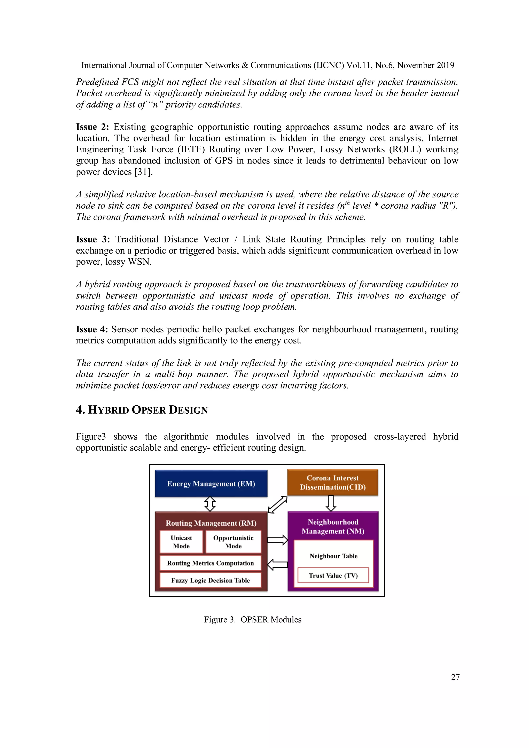 International Journal of Computer Networks & Communications (IJCNC) Vol.11, No.6, November 2019
27
Predefined FCS might not reflect the real situation at that time instant after packet transmission.
Packet overhead is significantly minimized by adding only the corona level in the header instead
of adding a list of “n” priority candidates.
Issue 2: Existing geographic opportunistic routing approaches assume nodes are aware of its
location. The overhead for location estimation is hidden in the energy cost analysis. Internet
Engineering Task Force (IETF) Routing over Low Power, Lossy Networks (ROLL) working
group has abandoned inclusion of GPS in nodes since it leads to detrimental behaviour on low
power devices [31].
A simplified relative location-based mechanism is used, where the relative distance of the source
node to sink can be computed based on the corona level it resides (nth
level * corona radius "R").
The corona framework with minimal overhead is proposed in this scheme.
Issue 3: Traditional Distance Vector / Link State Routing Principles rely on routing table
exchange on a periodic or triggered basis, which adds significant communication overhead in low
power, lossy WSN.
A hybrid routing approach is proposed based on the trustworthiness of forwarding candidates to
switch between opportunistic and unicast mode of operation. This involves no exchange of
routing tables and also avoids the routing loop problem.
Issue 4: Sensor nodes periodic hello packet exchanges for neighbourhood management, routing
metrics computation adds significantly to the energy cost.
The current status of the link is not truly reflected by the existing pre-computed metrics prior to
data transfer in a multi-hop manner. The proposed hybrid opportunistic mechanism aims to
minimize packet loss/error and reduces energy cost incurring factors.
4. HYBRID OPSER DESIGN
Figure3 shows the algorithmic modules involved in the proposed cross-layered hybrid
opportunistic scalable and energy- efficient routing design.
Figure 3. OPSER Modules
 