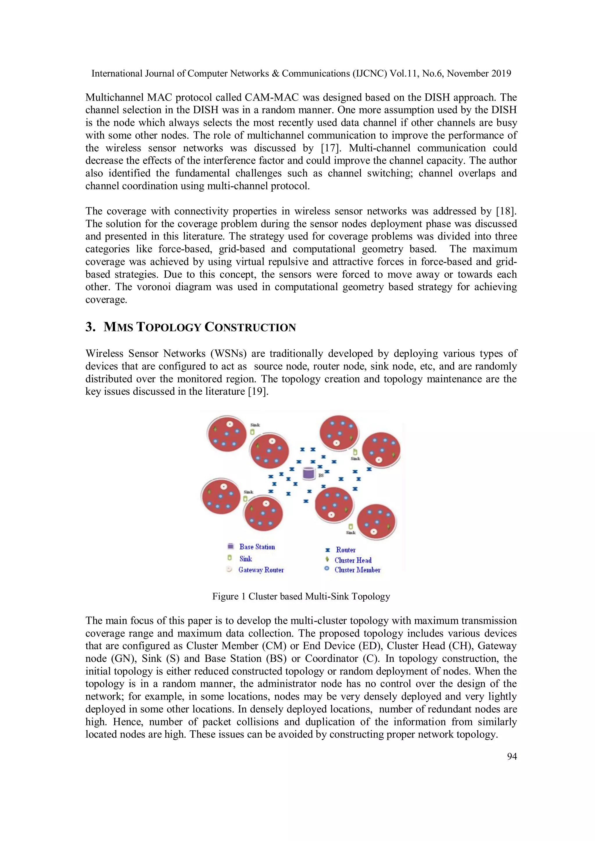 International Journal of Computer Networks & Communications (IJCNC) Vol.11, No.6, November 2019 94 Multichannel MAC protocol called CAM-MAC was designed based on the DISH approach. The channel selection in the DISH was in a random manner. One more assumption used by the DISH is the node which always selects the most recently used data channel if other channels are busy with some other nodes. The role of multichannel communication to improve the performance of the wireless sensor networks was discussed by [17]. Multi-channel communication could decrease the effects of the interference factor and could improve the channel capacity. The author also identified the fundamental challenges such as channel switching; channel overlaps and channel coordination using multi-channel protocol. The coverage with connectivity properties in wireless sensor networks was addressed by [18]. The solution for the coverage problem during the sensor nodes deployment phase was discussed and presented in this literature. The strategy used for coverage problems was divided into three categories like force-based, grid-based and computational geometry based. The maximum coverage was achieved by using virtual repulsive and attractive forces in force-based and grid- based strategies. Due to this concept, the sensors were forced to move away or towards each other. The voronoi diagram was used in computational geometry based strategy for achieving coverage. 3. MMS TOPOLOGY CONSTRUCTION Wireless Sensor Networks (WSNs) are traditionally developed by deploying various types of devices that are configured to act as source node, router node, sink node, etc, and are randomly distributed over the monitored region. The topology creation and topology maintenance are the key issues discussed in the literature [19]. Figure 1 Cluster based Multi-Sink Topology The main focus of this paper is to develop the multi-cluster topology with maximum transmission coverage range and maximum data collection. The proposed topology includes various devices that are configured as Cluster Member (CM) or End Device (ED), Cluster Head (CH), Gateway node (GN), Sink (S) and Base Station (BS) or Coordinator (C). In topology construction, the initial topology is either reduced constructed topology or random deployment of nodes. When the topology is in a random manner, the administrator node has no control over the design of the network; for example, in some locations, nodes may be very densely deployed and very lightly deployed in some other locations. In densely deployed locations, number of redundant nodes are high. Hence, number of packet collisions and duplication of the information from similarly located nodes are high. These issues can be avoided by constructing proper network topology. 