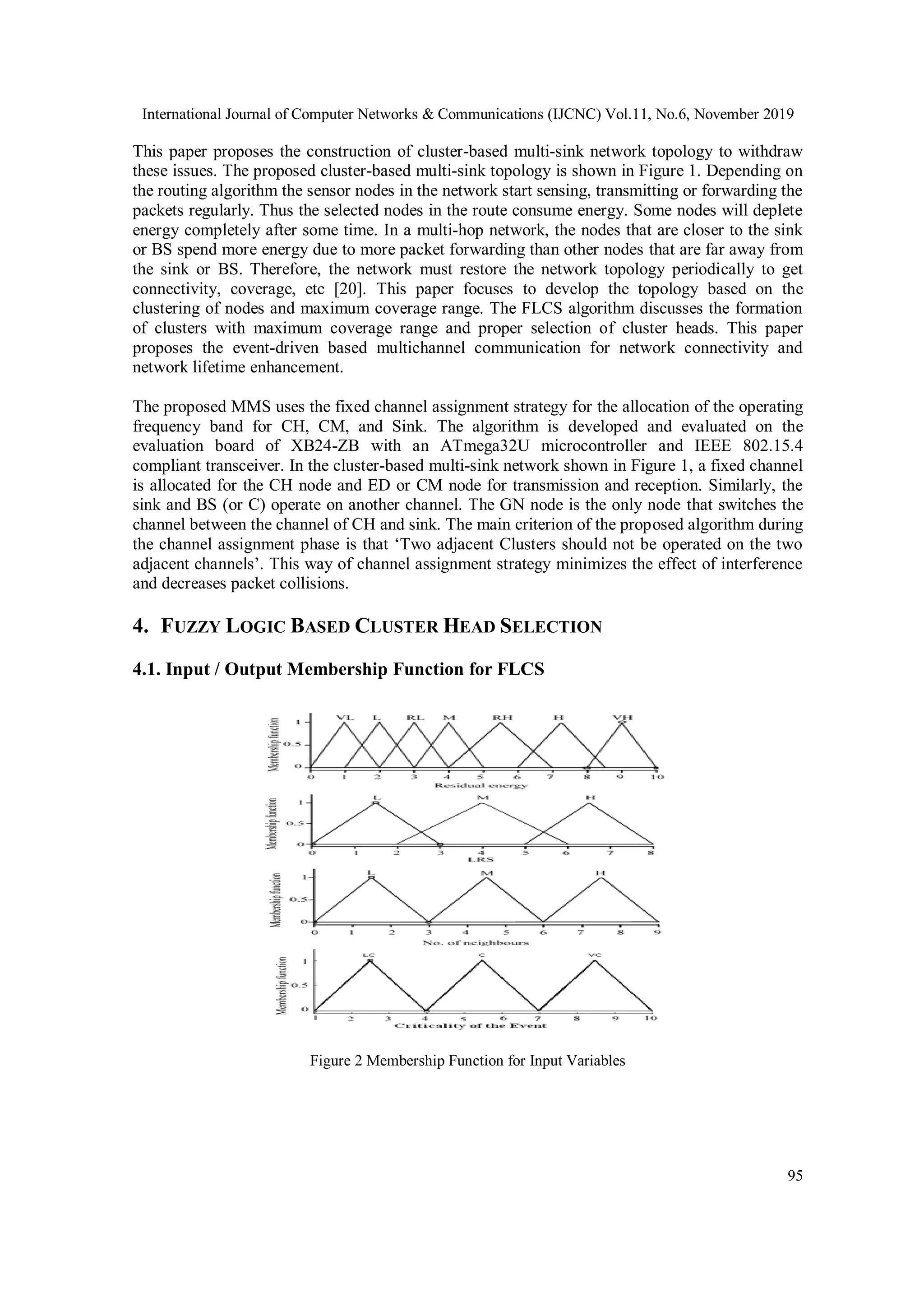 International Journal of Computer Networks & Communications (IJCNC) Vol.11, No.6, November 2019 95 This paper proposes the construction of cluster-based multi-sink network topology to withdraw these issues. The proposed cluster-based multi-sink topology is shown in Figure 1. Depending on the routing algorithm the sensor nodes in the network start sensing, transmitting or forwarding the packets regularly. Thus the selected nodes in the route consume energy. Some nodes will deplete energy completely after some time. In a multi-hop network, the nodes that are closer to the sink or BS spend more energy due to more packet forwarding than other nodes that are far away from the sink or BS. Therefore, the network must restore the network topology periodically to get connectivity, coverage, etc [20]. This paper focuses to develop the topology based on the clustering of nodes and maximum coverage range. The FLCS algorithm discusses the formation of clusters with maximum coverage range and proper selection of cluster heads. This paper proposes the event-driven based multichannel communication for network connectivity and network lifetime enhancement. The proposed MMS uses the fixed channel assignment strategy for the allocation of the operating frequency band for CH, CM, and Sink. The algorithm is developed and evaluated on the evaluation board of XB24-ZB with an ATmega32U microcontroller and IEEE 802.15.4 compliant transceiver. In the cluster-based multi-sink network shown in Figure 1, a fixed channel is allocated for the CH node and ED or CM node for transmission and reception. Similarly, the sink and BS (or C) operate on another channel. The GN node is the only node that switches the channel between the channel of CH and sink. The main criterion of the proposed algorithm during the channel assignment phase is that ‘Two adjacent Clusters should not be operated on the two adjacent channels’. This way of channel assignment strategy minimizes the effect of interference and decreases packet collisions. 4. FUZZY LOGIC BASED CLUSTER HEAD SELECTION 4.1. Input / Output Membership Function for FLCS Figure 2 Membership Function for Input Variables 