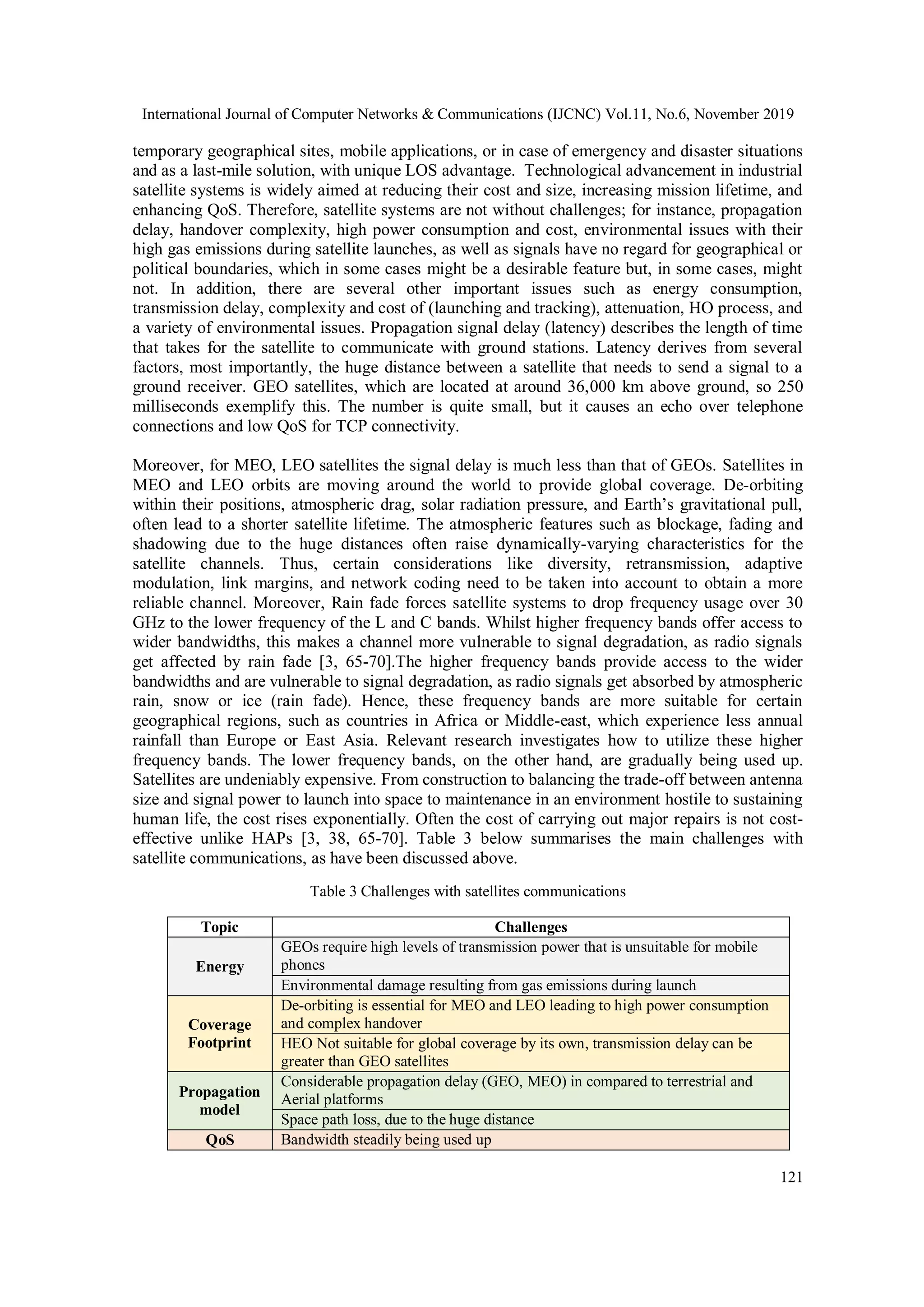 International Journal of Computer Networks & Communications (IJCNC) Vol.11, No.6, November 2019
121
temporary geographical sites, mobile applications, or in case of emergency and disaster situations
and as a last-mile solution, with unique LOS advantage. Technological advancement in industrial
satellite systems is widely aimed at reducing their cost and size, increasing mission lifetime, and
enhancing QoS. Therefore, satellite systems are not without challenges; for instance, propagation
delay, handover complexity, high power consumption and cost, environmental issues with their
high gas emissions during satellite launches, as well as signals have no regard for geographical or
political boundaries, which in some cases might be a desirable feature but, in some cases, might
not. In addition, there are several other important issues such as energy consumption,
transmission delay, complexity and cost of (launching and tracking), attenuation, HO process, and
a variety of environmental issues. Propagation signal delay (latency) describes the length of time
that takes for the satellite to communicate with ground stations. Latency derives from several
factors, most importantly, the huge distance between a satellite that needs to send a signal to a
ground receiver. GEO satellites, which are located at around 36,000 km above ground, so 250
milliseconds exemplify this. The number is quite small, but it causes an echo over telephone
connections and low QoS for TCP connectivity.
Moreover, for MEO, LEO satellites the signal delay is much less than that of GEOs. Satellites in
MEO and LEO orbits are moving around the world to provide global coverage. De-orbiting
within their positions, atmospheric drag, solar radiation pressure, and Earth’s gravitational pull,
often lead to a shorter satellite lifetime. The atmospheric features such as blockage, fading and
shadowing due to the huge distances often raise dynamically-varying characteristics for the
satellite channels. Thus, certain considerations like diversity, retransmission, adaptive
modulation, link margins, and network coding need to be taken into account to obtain a more
reliable channel. Moreover, Rain fade forces satellite systems to drop frequency usage over 30
GHz to the lower frequency of the L and C bands. Whilst higher frequency bands offer access to
wider bandwidths, this makes a channel more vulnerable to signal degradation, as radio signals
get affected by rain fade [3, 65-70].The higher frequency bands provide access to the wider
bandwidths and are vulnerable to signal degradation, as radio signals get absorbed by atmospheric
rain, snow or ice (rain fade). Hence, these frequency bands are more suitable for certain
geographical regions, such as countries in Africa or Middle-east, which experience less annual
rainfall than Europe or East Asia. Relevant research investigates how to utilize these higher
frequency bands. The lower frequency bands, on the other hand, are gradually being used up.
Satellites are undeniably expensive. From construction to balancing the trade-off between antenna
size and signal power to launch into space to maintenance in an environment hostile to sustaining
human life, the cost rises exponentially. Often the cost of carrying out major repairs is not cost-
effective unlike HAPs [3, 38, 65-70]. Table 3 below summarises the main challenges with
satellite communications, as have been discussed above.
Table 3 Challenges with satellites communications
Topic Challenges
Energy
GEOs require high levels of transmission power that is unsuitable for mobile
phones
Environmental damage resulting from gas emissions during launch
Coverage
Footprint
De-orbiting is essential for MEO and LEO leading to high power consumption
and complex handover
HEO Not suitable for global coverage by its own, transmission delay can be
greater than GEO satellites
Propagation
model
Considerable propagation delay (GEO, MEO) in compared to terrestrial and
Aerial platforms
Space path loss, due to the huge distance
QoS Bandwidth steadily being used up
 
