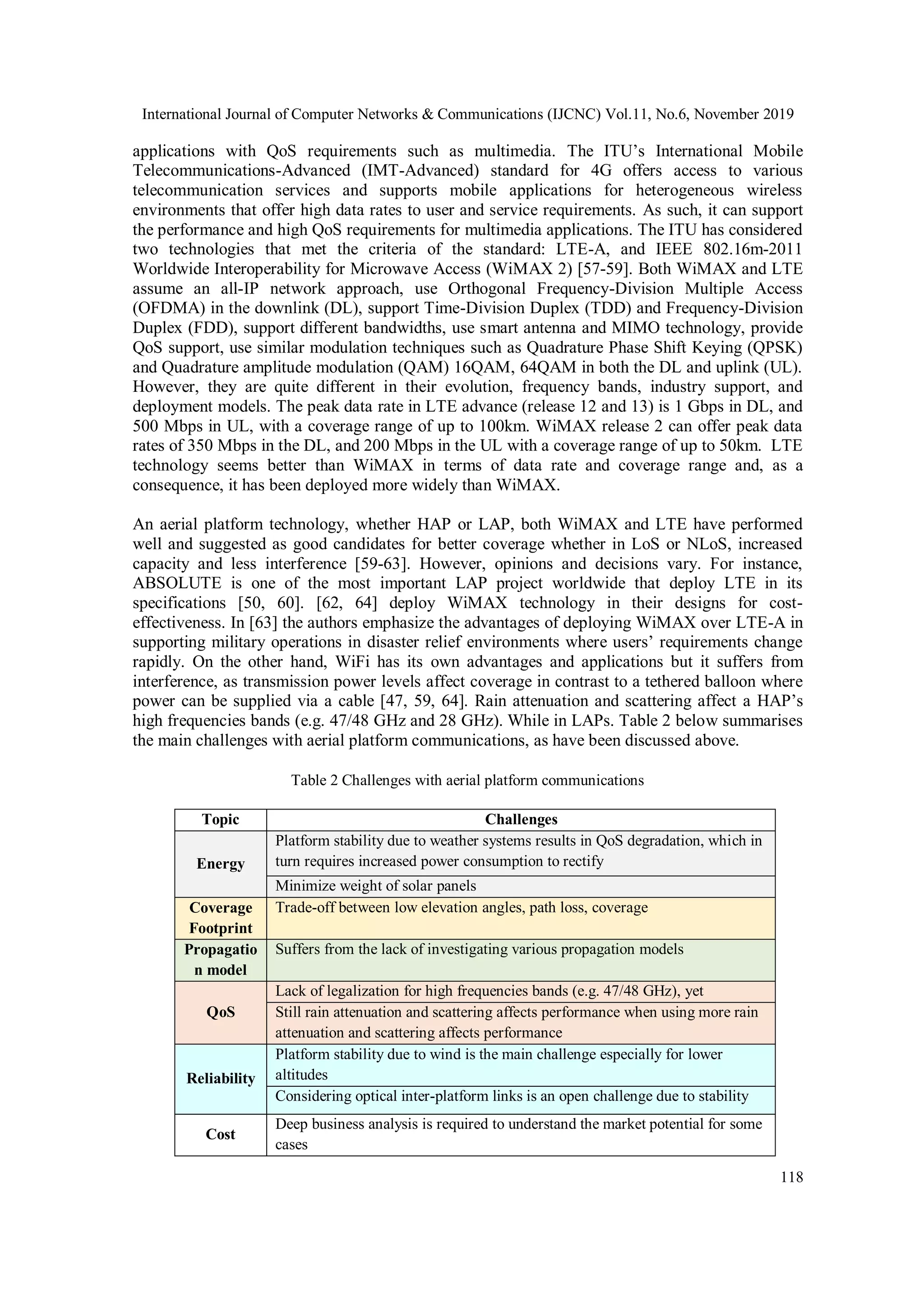 International Journal of Computer Networks & Communications (IJCNC) Vol.11, No.6, November 2019
118
applications with QoS requirements such as multimedia. The ITU’s International Mobile
Telecommunications-Advanced (IMT-Advanced) standard for 4G offers access to various
telecommunication services and supports mobile applications for heterogeneous wireless
environments that offer high data rates to user and service requirements. As such, it can support
the performance and high QoS requirements for multimedia applications. The ITU has considered
two technologies that met the criteria of the standard: LTE-A, and IEEE 802.16m-2011
Worldwide Interoperability for Microwave Access (WiMAX 2) [57-59]. Both WiMAX and LTE
assume an all-IP network approach, use Orthogonal Frequency-Division Multiple Access
(OFDMA) in the downlink (DL), support Time-Division Duplex (TDD) and Frequency-Division
Duplex (FDD), support different bandwidths, use smart antenna and MIMO technology, provide
QoS support, use similar modulation techniques such as Quadrature Phase Shift Keying (QPSK)
and Quadrature amplitude modulation (QAM) 16QAM, 64QAM in both the DL and uplink (UL).
However, they are quite different in their evolution, frequency bands, industry support, and
deployment models. The peak data rate in LTE advance (release 12 and 13) is 1 Gbps in DL, and
500 Mbps in UL, with a coverage range of up to 100km. WiMAX release 2 can offer peak data
rates of 350 Mbps in the DL, and 200 Mbps in the UL with a coverage range of up to 50km. LTE
technology seems better than WiMAX in terms of data rate and coverage range and, as a
consequence, it has been deployed more widely than WiMAX.
An aerial platform technology, whether HAP or LAP, both WiMAX and LTE have performed
well and suggested as good candidates for better coverage whether in LoS or NLoS, increased
capacity and less interference [59-63]. However, opinions and decisions vary. For instance,
ABSOLUTE is one of the most important LAP project worldwide that deploy LTE in its
specifications [50, 60]. [62, 64] deploy WiMAX technology in their designs for cost-
effectiveness. In [63] the authors emphasize the advantages of deploying WiMAX over LTE-A in
supporting military operations in disaster relief environments where users’ requirements change
rapidly. On the other hand, WiFi has its own advantages and applications but it suffers from
interference, as transmission power levels affect coverage in contrast to a tethered balloon where
power can be supplied via a cable [47, 59, 64]. Rain attenuation and scattering affect a HAP’s
high frequencies bands (e.g. 47/48 GHz and 28 GHz). While in LAPs. Table 2 below summarises
the main challenges with aerial platform communications, as have been discussed above.
Table 2 Challenges with aerial platform communications
Topic Challenges
Energy
Platform stability due to weather systems results in QoS degradation, which in
turn requires increased power consumption to rectify
Minimize weight of solar panels
Coverage
Footprint
Trade-off between low elevation angles, path loss, coverage
Propagatio
n model
Suffers from the lack of investigating various propagation models
QoS
Lack of legalization for high frequencies bands (e.g. 47/48 GHz), yet
Still rain attenuation and scattering affects performance when using more rain
attenuation and scattering affects performance
Reliability
Platform stability due to wind is the main challenge especially for lower
altitudes
Considering optical inter-platform links is an open challenge due to stability
Cost
Deep business analysis is required to understand the market potential for some
cases
 