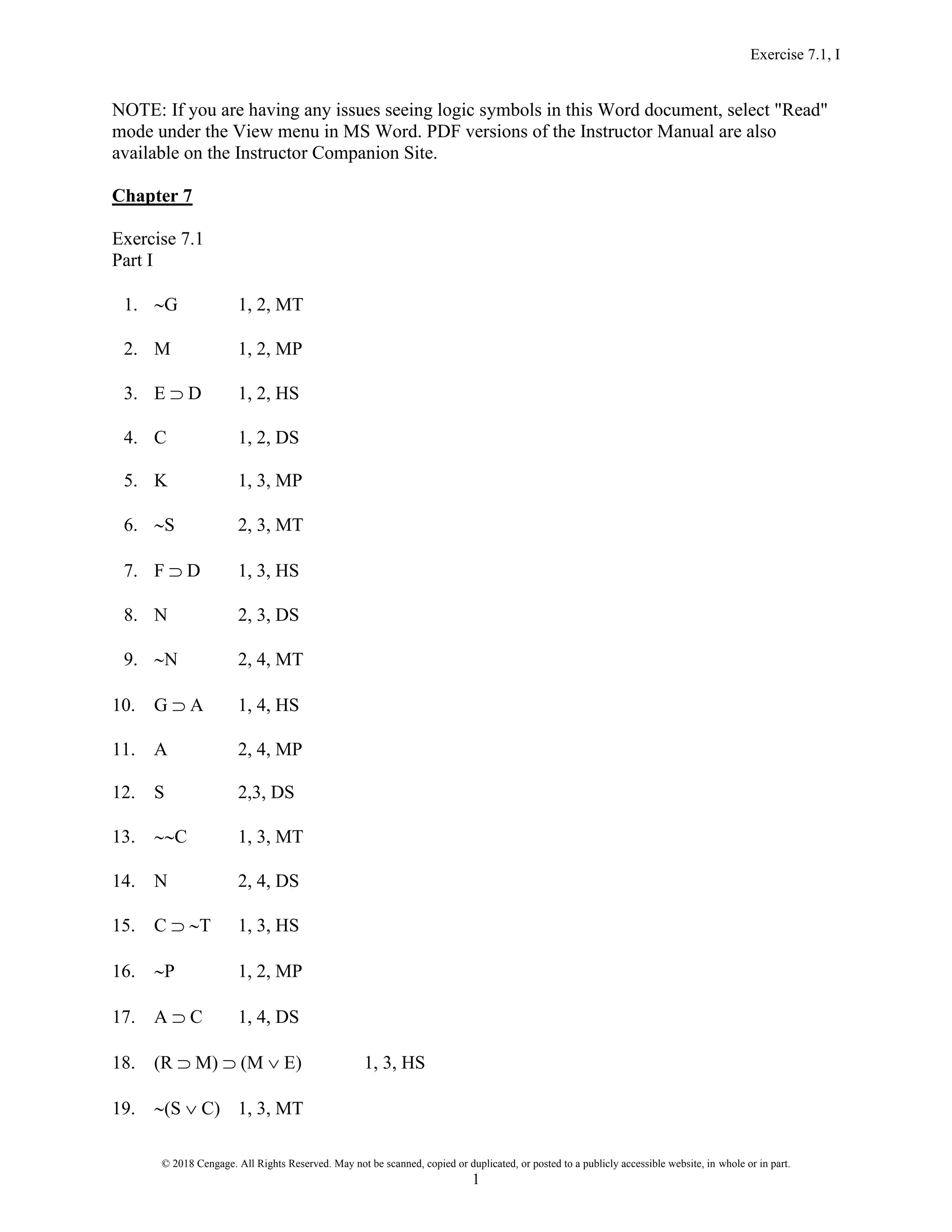 Exercise 7.1, I
© 2018 Cengage. All Rights Reserved. May not be scanned, copied or duplicated, or posted to a publicly accessible website, in whole or in part.
1
NOTE: If you are having any issues seeing logic symbols in this Word document, select "Read"
mode under the View menu in MS Word. PDF versions of the Instructor Manual are also
available on the Instructor Companion Site.
Chapter 7
Exercise 7.1
Part I
1. G 1, 2, MT
2. M 1, 2, MP
3. E  D 1, 2, HS
4. C 1, 2, DS
5. K 1, 3, MP
6. S 2, 3, MT
7. F  D 1, 3, HS
8. N 2, 3, DS
9. N 2, 4, MT
10. G  A 1, 4, HS
11. A 2, 4, MP
12. S 2,3, DS
13. C 1, 3, MT
14. N 2, 4, DS
15. C  T 1, 3, HS
16. P 1, 2, MP
17. A  C 1, 4, DS
18. (R  M)  (M  E) 1, 3, HS
19. (S  C) 1, 3, MT
 