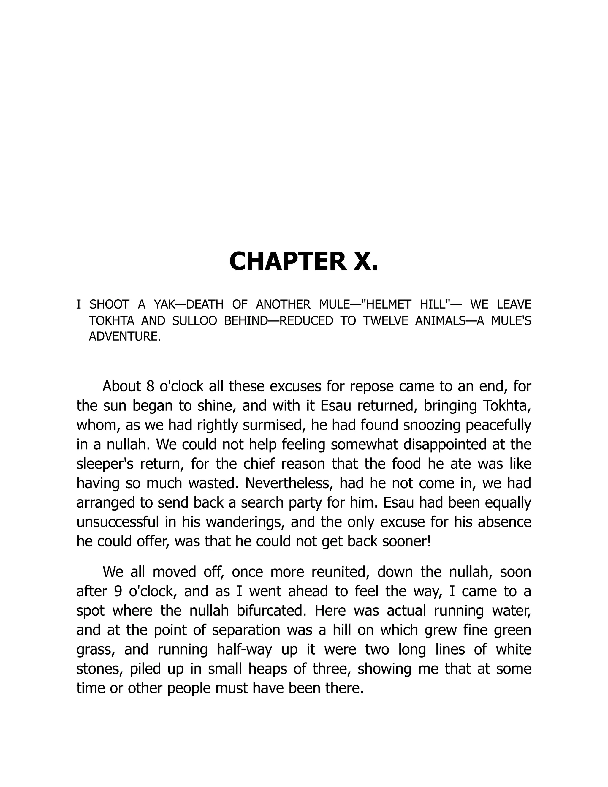 CHAPTER X.
I SHOOT A YAK—DEATH OF ANOTHER MULE—"HELMET HILL"— WE LEAVE
TOKHTA AND SULLOO BEHIND—REDUCED TO TWELVE ANIMALS—A MULE'S
ADVENTURE.
About 8 o'clock all these excuses for repose came to an end, for
the sun began to shine, and with it Esau returned, bringing Tokhta,
whom, as we had rightly surmised, he had found snoozing peacefully
in a nullah. We could not help feeling somewhat disappointed at the
sleeper's return, for the chief reason that the food he ate was like
having so much wasted. Nevertheless, had he not come in, we had
arranged to send back a search party for him. Esau had been equally
unsuccessful in his wanderings, and the only excuse for his absence
he could offer, was that he could not get back sooner!
We all moved off, once more reunited, down the nullah, soon
after 9 o'clock, and as I went ahead to feel the way, I came to a
spot where the nullah bifurcated. Here was actual running water,
and at the point of separation was a hill on which grew fine green
grass, and running half-way up it were two long lines of white
stones, piled up in small heaps of three, showing me that at some
time or other people must have been there.
 