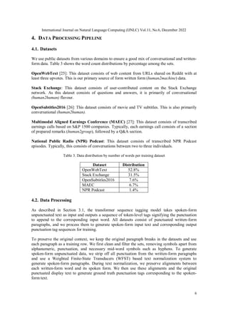 International Journal on Natural Language Computing (IJNLC) Vol.11, No.6, December 2022
6
4. DATA PROCESSING PIPELINE
4.1. Datasets
We use public datasets from various domains to ensure a good mix of conversational and written-
form data. Table 3 shows the word count distributions by percentage among the sets.
OpenWebText [25]: This dataset consists of web content from URLs shared on Reddit with at
least three upvotes. This is our primary source of form written form (human2machine) data.
Stack Exchange: This dataset consists of user-contributed content on the Stack Exchange
network. As this dataset consists of questions and answers, it is primarily of conversational
(human2human) flavour.
OpenSubtitles2016 [26]: This dataset consists of movie and TV subtitles. This is also primarily
conversational (human2human).
Multimodal Aligned Earnings Conference (MAEC) [27]: This dataset consists of transcribed
earnings calls based on S&P 1500 companies. Typically, each earnings call consists of a section
of prepared remarks (human2group), followed by a Q&A section.
National Public Radio (NPR) Podcast: This dataset consists of transcribed NPR Podcast
episodes. Typically, this consists of conversations between two to three individuals.
Table 3. Data distribution by number of words per training dataset
Dataset Distribution
OpenWebText 52.8%
Stack Exchange 31.5%
OpenSubtitles2016 7.6%
MAEC 6.7%
NPR Podcast 1.4%
4.2. Data Processing
As described in Section 3.1, the transformer sequence tagging model takes spoken-form
unpunctuated text as input and outputs a sequence of token-level tags signifying the punctuation
to append to the corresponding input word. All datasets consist of punctuated written-form
paragraphs, and we process them to generate spoken-form input text and corresponding output
punctuation tag sequences for training.
To preserve the original context, we keep the original paragraph breaks in the datasets and use
each paragraph as a training row. We first clean and filter the sets, removing symbols apart from
alphanumeric, punctuation, and necessary mid-word symbols such as hyphens. To generate
spoken-form unpunctuated data, we strip off all punctuation from the written-form paragraphs
and use a Weighted Finite-State Transducers (WFST) based text normalization system to
generate spoken-form paragraphs. During text normalization, we preserve alignments between
each written-form word and its spoken form. We then use these alignments and the original
punctuated display text to generate ground truth punctuation tags corresponding to the spoken-
form text.
 
