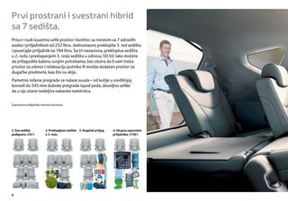 Prvi prostrani i svestrani hibrid
sa 7 sedišta.
Prius+ nudi izuzetno velik prostor i komfor, sa mestom za 7 odraslih
osoba i prtljažnikom od 232 litra. Jednostavno preklopite 3. red sedišta
i povećajte prtljažnik na 784 litra. Sa tri nezavisna, preklopiva sedišta
u 2. redu i preklapanjem 3. reda sedišta u odnosu 50:50, lako možete
da prilagodite kabinu svojim potrebama, bez obzira da li vam treba
prostor za odmor i relaksaciju putnika ili možda dodatan prostor za
dugačke predmete, kao što su skije.
Pametno rešene pregrade se nalaze svuda – od kutije u središnjoj
konzoli do 345 mm duboke pregrade ispod poda, dovoljno velike
da u nju stane nedeljna nabavka namirnica.


Zapremina prtljažnika merena do krova.




1. Sva sedišta          2. Preklopljeno sedište 3. Dugačak prtljag.   4. Ukupna zapremina
podignuta: 232 l.       u 3. redu.                                    prtljažnika: 1750 l.




6
 