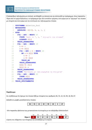 17
Ο αλγόριθμος ταξινόμησης με επιλογή, να διδαχθεί ως άσκηση και να υλοποιηθεί με πρόγραμμα, όπως παρακάτω.
Πέρα από το τμήμα δηλώσεων, το πρόγραμμα έχει δύο επιπλέον τμήματα, ένα τμήμα για το "γέμισμα" του πίνακα
με στοιχεία και ένα τμήμα για την εκτύπωση του ταξινομημένου πίνακα.
1 ΠΡΟΓΡΑΜΜΑ Selection_Sort
2 ΜΕΤΑΒΛΗΤΕΣ
3 ΑΚΕΡΑΙΕΣ: A[20], k, x, i, j
4 ΑΡΧΗ
5 ΓΙΑ i ΑΠΟ 1 ΜΕΧΡΙ 20
6 ΓΡΑΨΕ 'Δώσε το ', i, ' στοιχείο του πίνακα'
7 ΔΙΑΒΑΣΕ A[i]
8 ΤΕΛΟΣ_ΕΠΑΝΑΛΗΨΗΣ
9 ΓΙΑ i ΑΠΟ 1 ΜΕΧΡΙ 19
10 k <- i
11 x <- A[i]
12 ΓΙΑ j ΑΠΟ i + 1 ΜΕΧΡΙ 20
13 ΑΝ x > A[j] ΤΟΤΕ
14 k <- j
15 x <- A[j]
16 ΤΕΛΟΣ_ΑΝ
17 ΤΕΛΟΣ_ΕΠΑΝΑΛΗΨΗΣ
18 A[k] <- A[i]
19 A[i] <- x
20 ΤΕΛΟΣ_ΕΠΑΝΑΛΗΨΗΣ
21 ΓΡΑΨΕ 'Εκτύπωση με ταξινομημένα τα στοιχεία'
22 ΓΙΑ i ΑΠΟ 1 ΜΕΧΡΙ 20
23 ΓΡΑΨΕ A[i]
24 ΤΕΛΟΣ_ΕΠΑΝΑΛΗΨΗΣ
25 ΤΕΛΟΣ_ΠΡΟΓΡΑΜΜΑΤΟΣ
Παράδειγμα
Αν υποθέσουμε ότι έχουμε τον πίνακα Α[8] με στοιχεία τους αριθμούς 46, 55, 12, 42, 94, 18, 06, 67.
Δηλαδή σε μορφή μονοδιάστατου πίνακα:
46 55 12 42 94 18 6 67
τότε παρακάτω φαίνεται πως μετακινούνται τα στοιχεία με τον αλγόριθμο SelectionSort
εύρεση του ελάχιστου των στοιχείων και ανταλλαγή με το πρώτο
1ο 2ο 3ο 4ο 5ο 6ο 7ο 8ο
Βήμα 1: 46 55 12 42 94 18 6 67
 