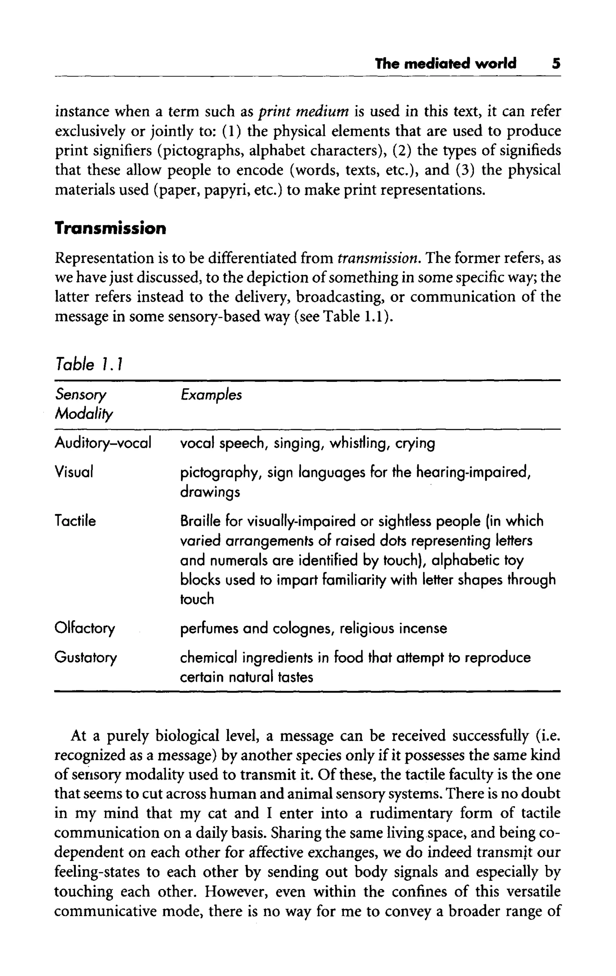 The mediated world
instance when a term such as print medium is used in this text, it can refer
exclusively or jointly to: (1) the physical elements that are used to produce
print signifiers (pictographs, alphabet characters), (2) the types of signifieds
that these allow people to encode (words, texts, etc.), and (3) the physical
materials used (paper, papyri, etc.) to make print representations.
Transmission
Representation is to be differentiated from transmission. The former refers, as
we have just discussed, to the depiction of something in some specificway; the
latter refers instead to the delivery, broadcasting, or communication of the
message in some sensory-based way (see Table 1.1).
Table 1.1
Sensory
Modality
Examples
Auditory-vocal vocal speech, singing, whistling, crying
Visual pictography, sign languages for the hearing-impaired,
drawings
Tactile Braille for visually-impaired or sightless people (in which
varied arrangements of raised dots representing letters
and numerals are identified by touch), alphabetic toy
blocks used to impart familiarity with letter shapes through
touch
Olfactory perfumes and colognes, religious incense
Gustatory chemical ingredients in food that attempt to reproduce
certain natural tastes
At a purely biological level, a message can be received successfully (i.e.
recognized as a message) by another species only if it possesses the same kind
of sensory modality used to transmit it. Of these, the tactile faculty is the one
that seems to cut across human and animal sensory systems. There isno doubt
in my mind that my cat and I enter into a rudimentary form of tactile
communication on a daily basis. Sharing the same living space, and being co-
dependent on each other for affective exchanges, we do indeed transmit our
feeling-states to each other by sending out body signals and especially by
touching each other. However, even within the confines of this versatile
communicative mode, there is no way for me to convey a broader range of
 